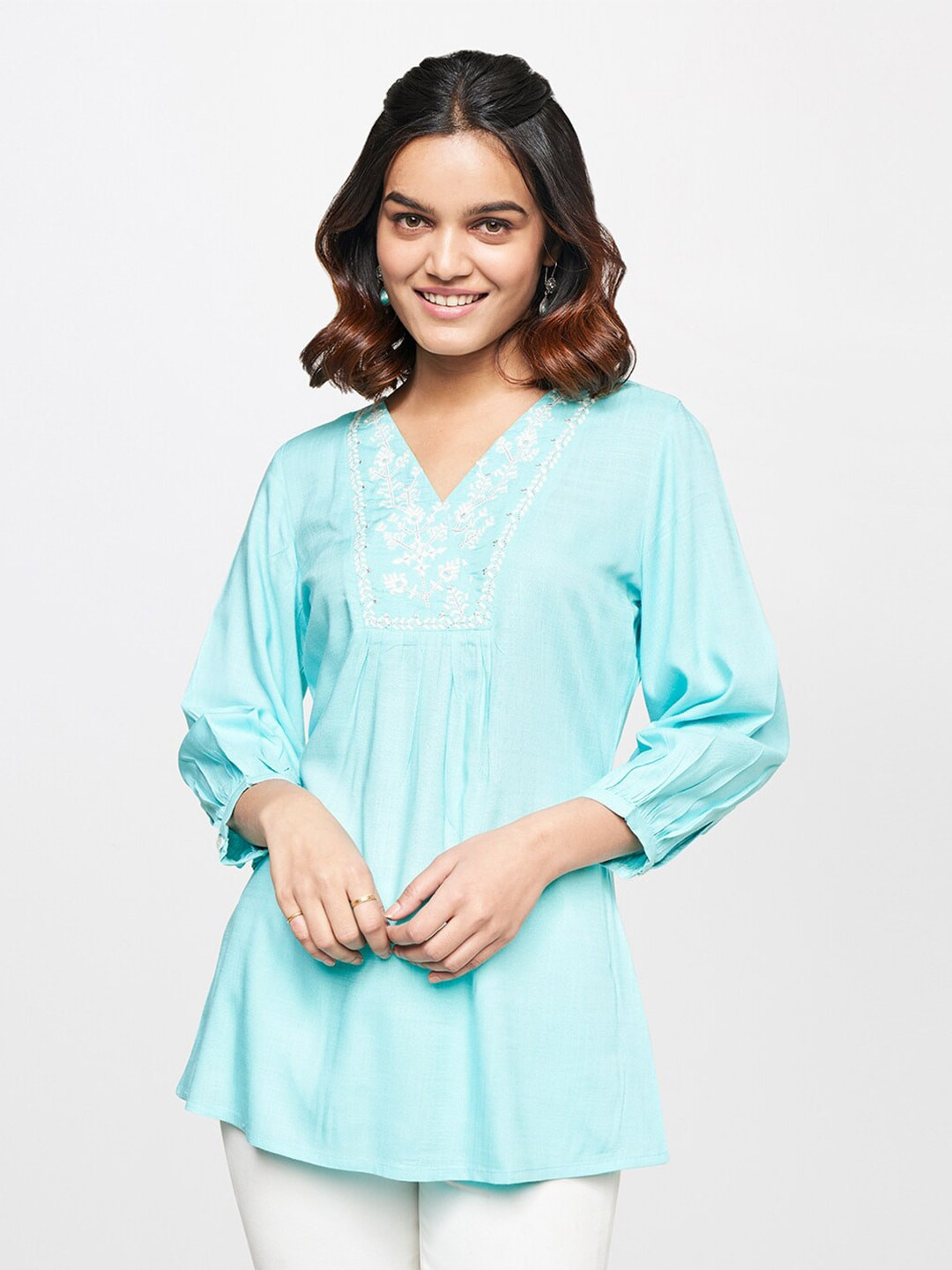 

Global Desi Ethnic Motif Embroidered Regular Top, Blue