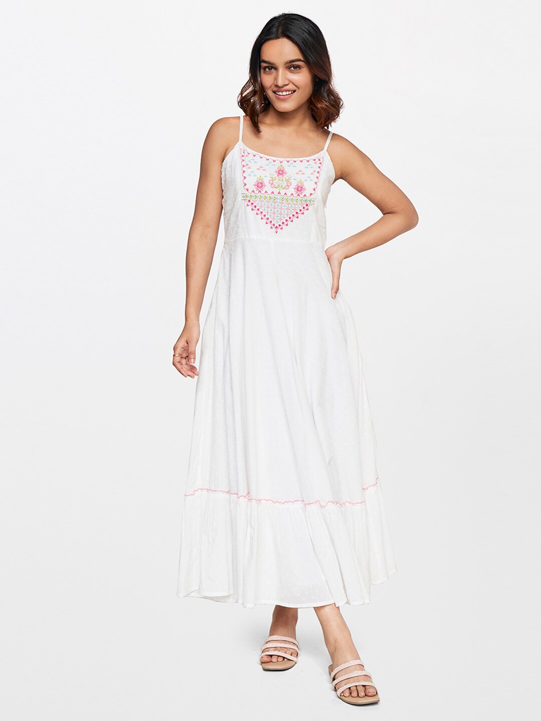 

Global Desi Shoulder Straps Floral Embroidered Pure Cotton A-Line Dress, White