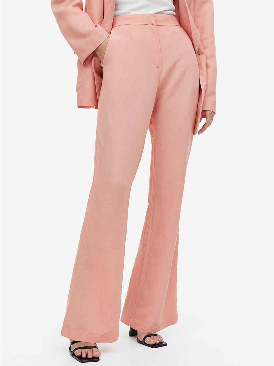 

H&M Women Flared Linen-Blend Trousers, Orange