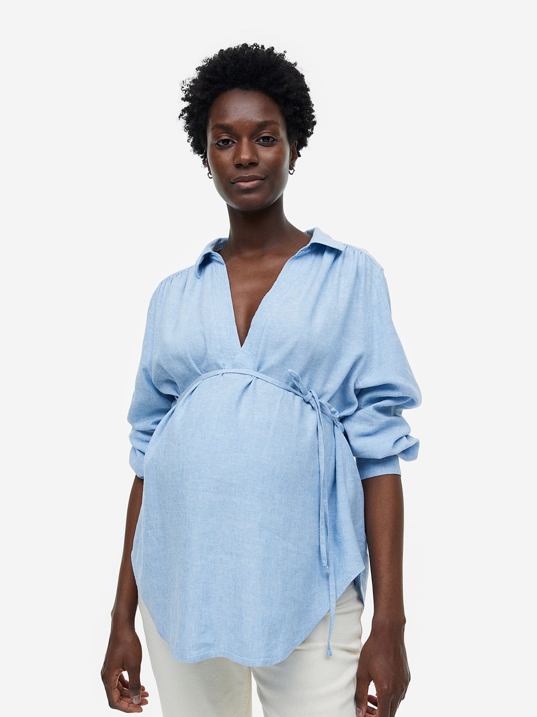 

H&M MAMA Linen-Blend Popover Blouse, Blue