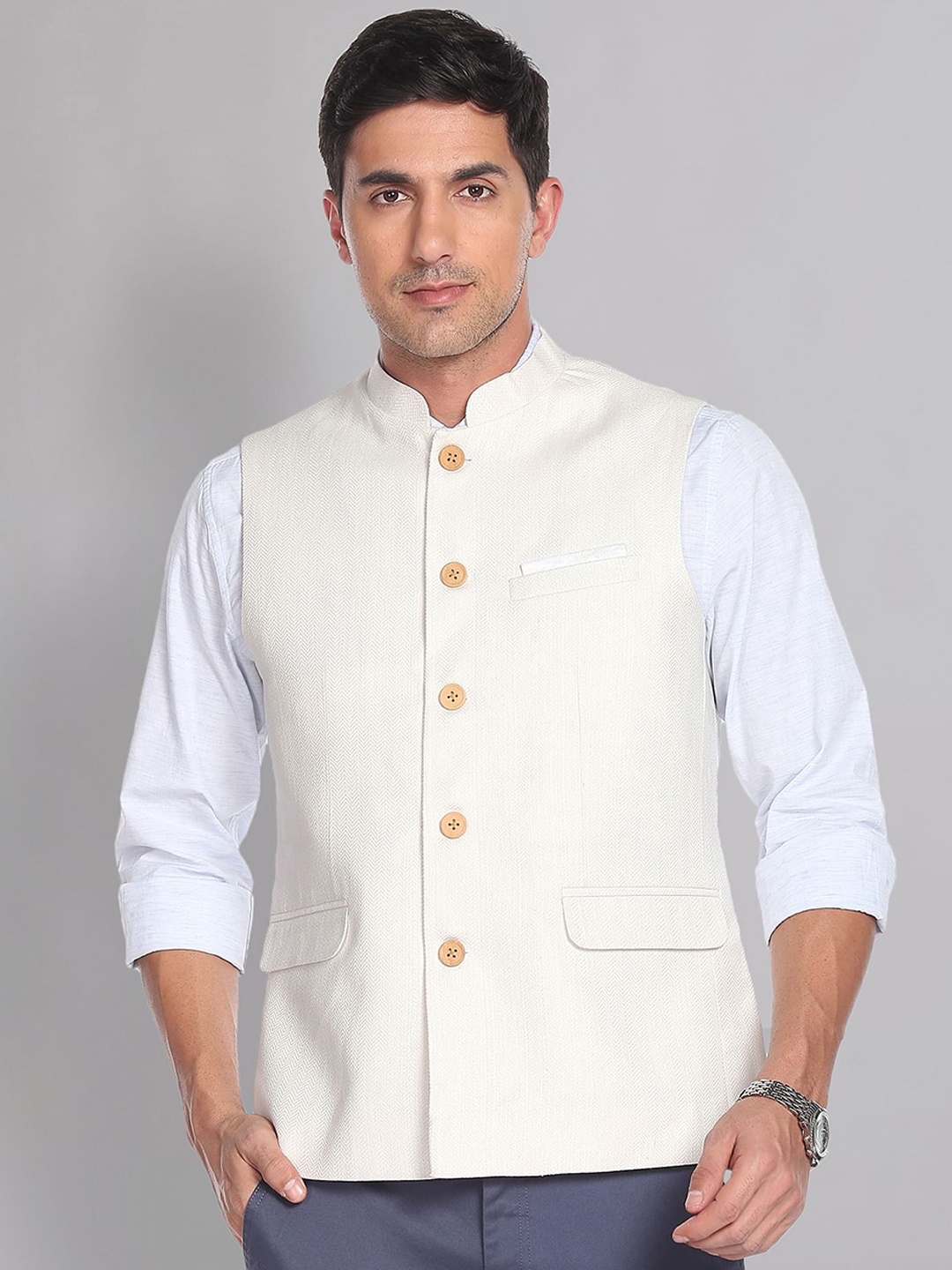 

AD by Arvind Mandarin Collar Geometric Pattern Nehru Jacket, White