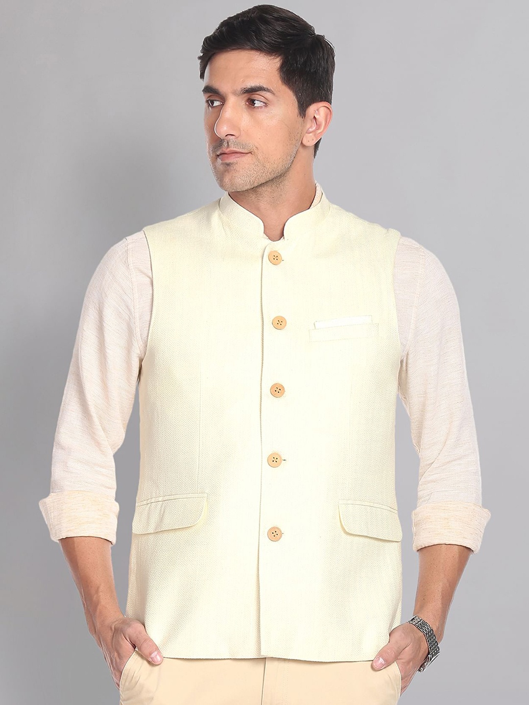 

AD by Arvind Geometric Pattern Nehru Jacket, Cream