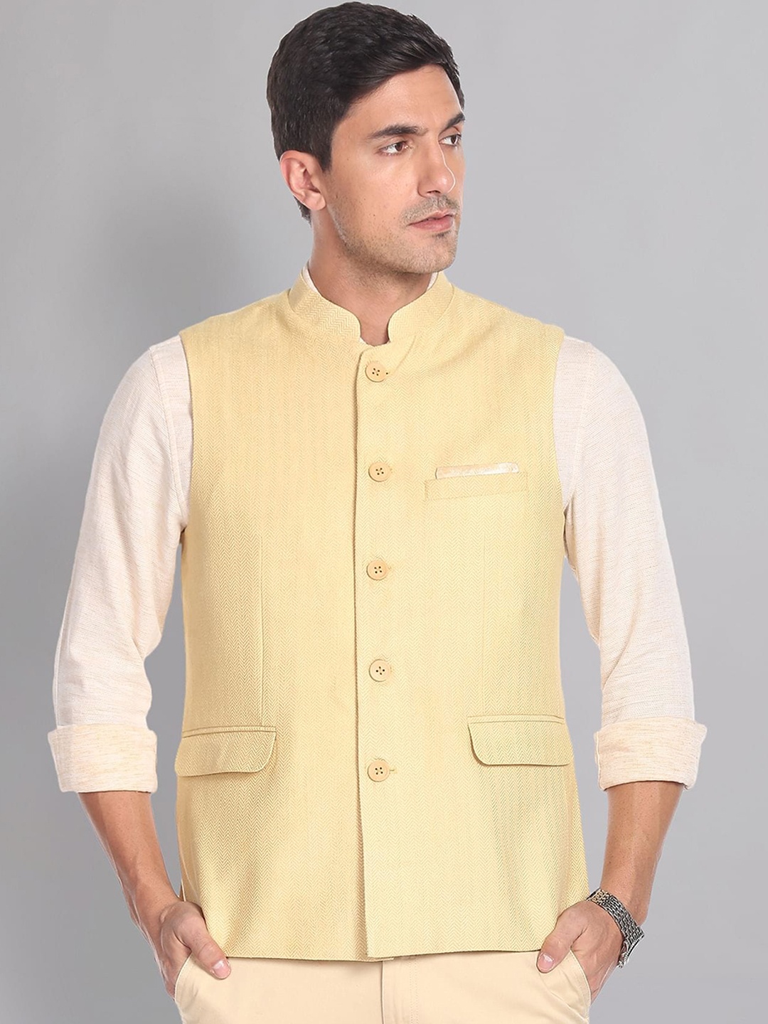 

AD by Arvind Mandarin Collar Geometric Pattern Nehru Jacket, Yellow