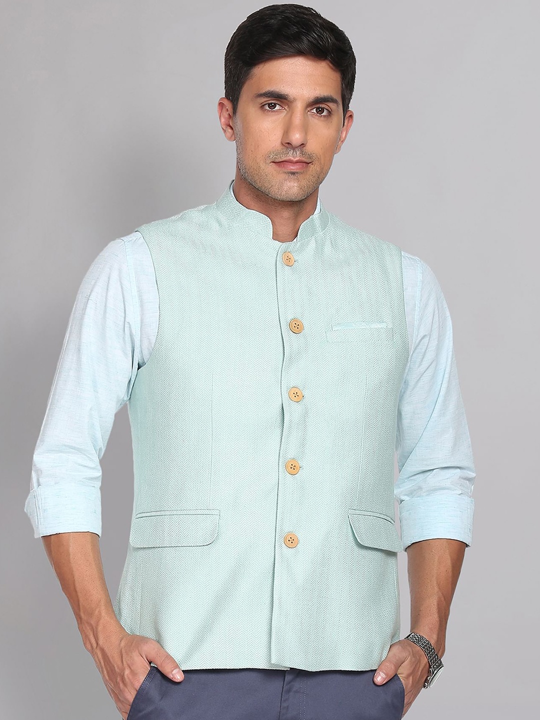 

AD by Arvind Mandarin Collar Geometric Pattern Nehru Jacket, Sea green