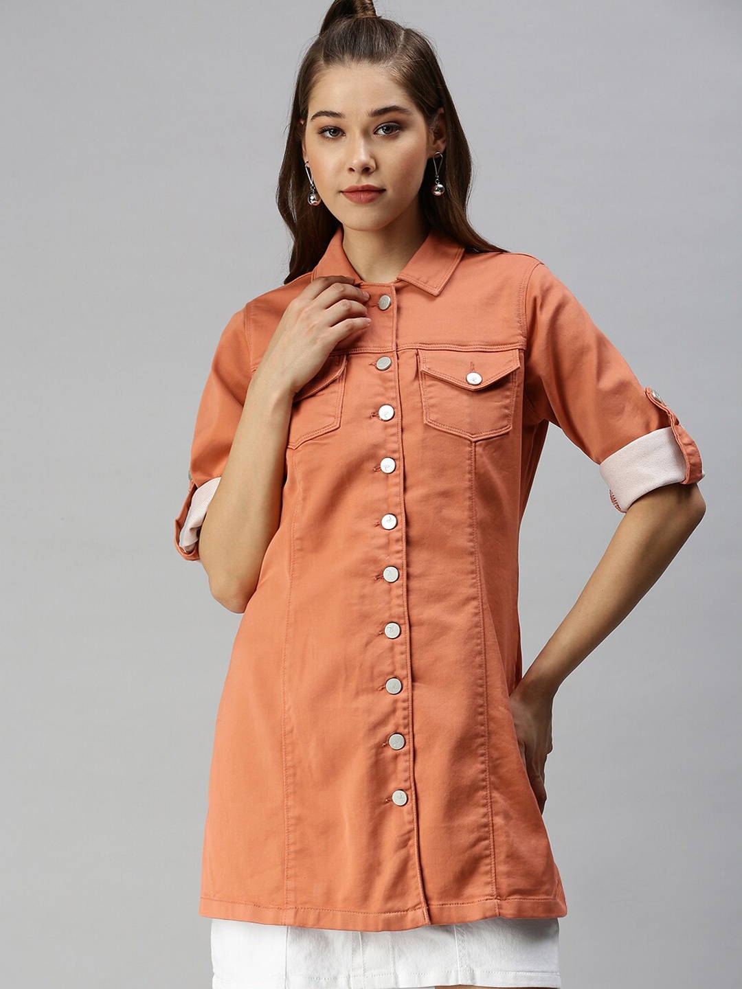 

SHOWOFF Spread Collar Longline Denim Jacket, Rust