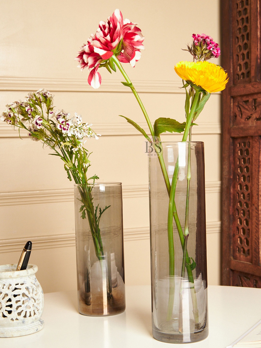 

BS AMOR 2-Pcs Black Cylindrical Glass Flower Vases