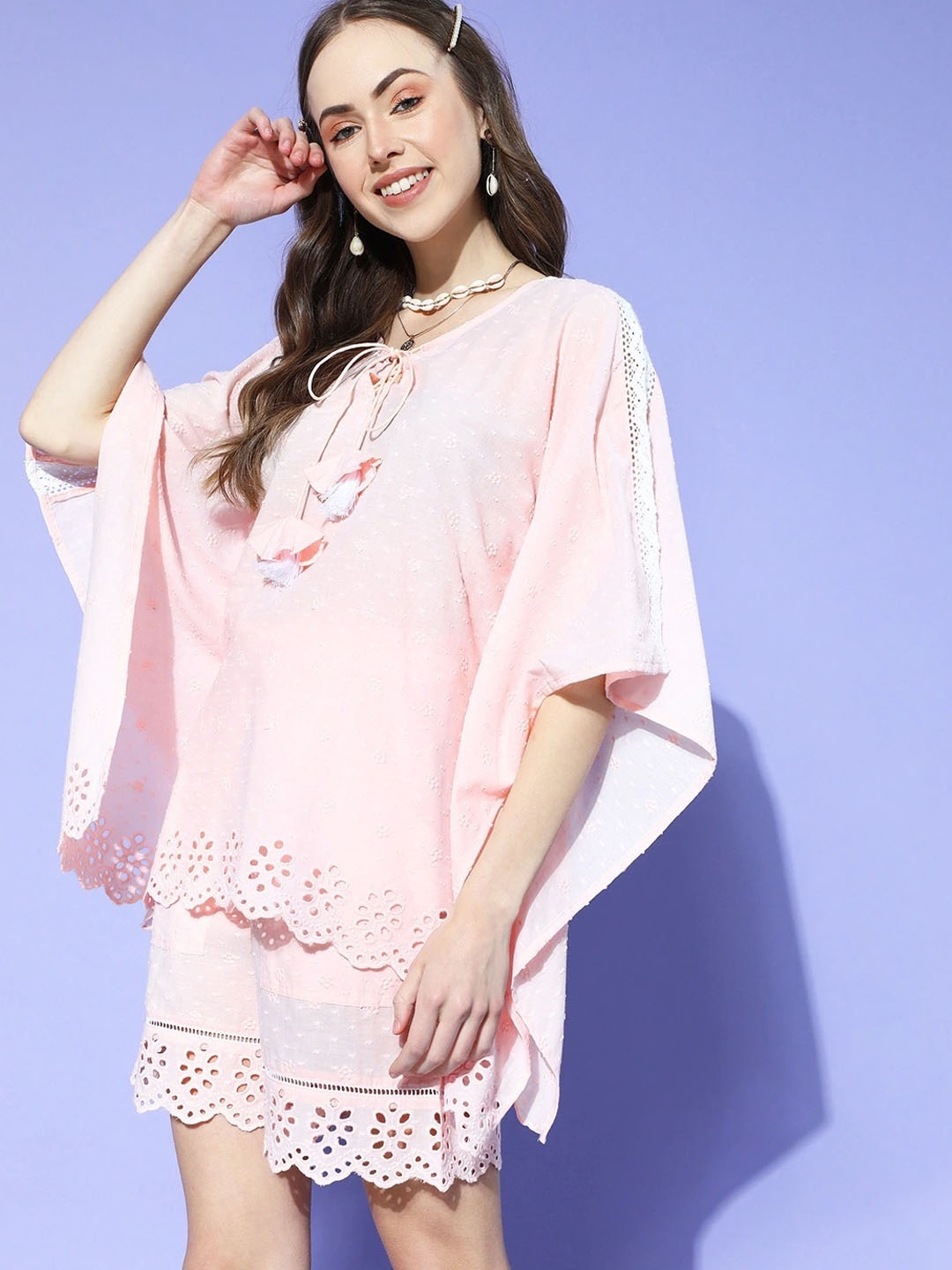

The Kaftan Company Tie Up Neck Night Suit, Pink