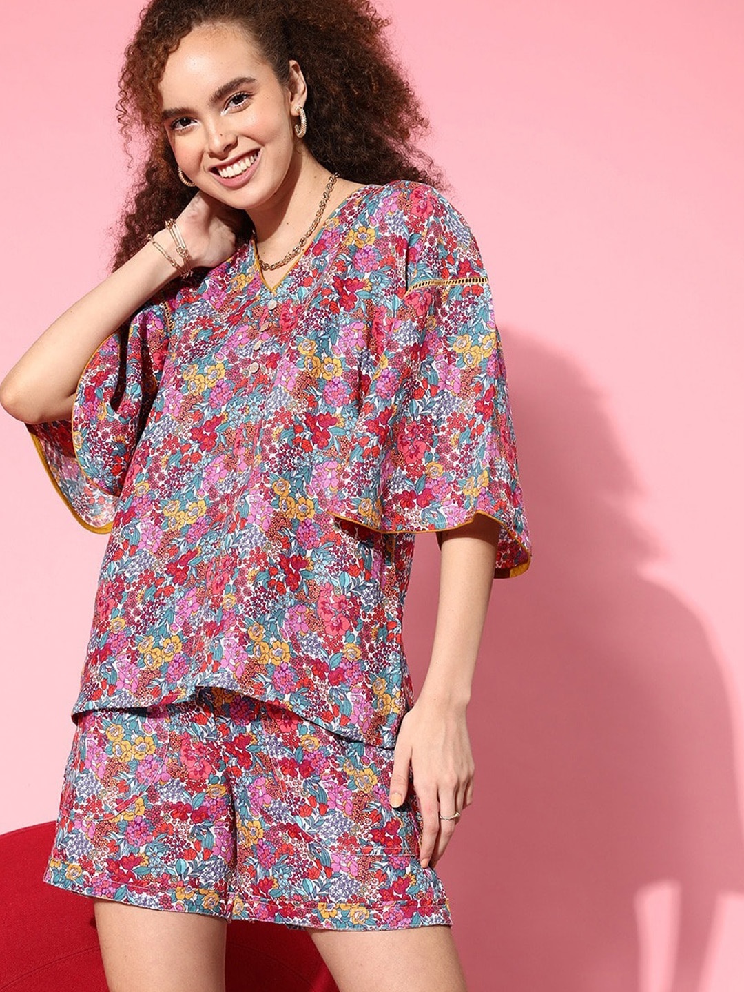 

The Kaftan Company Floral Printed Night Suit, Pink