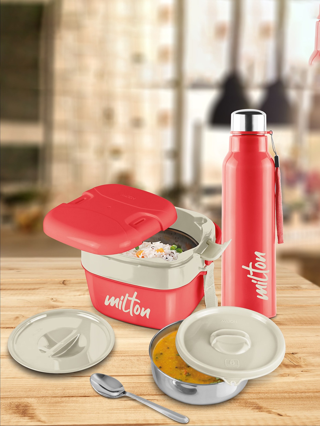 

Milton Cube Lunchmate Steel Fit Kids Bottle Red 630 ml and Cubic Big Tiffin 1.1L