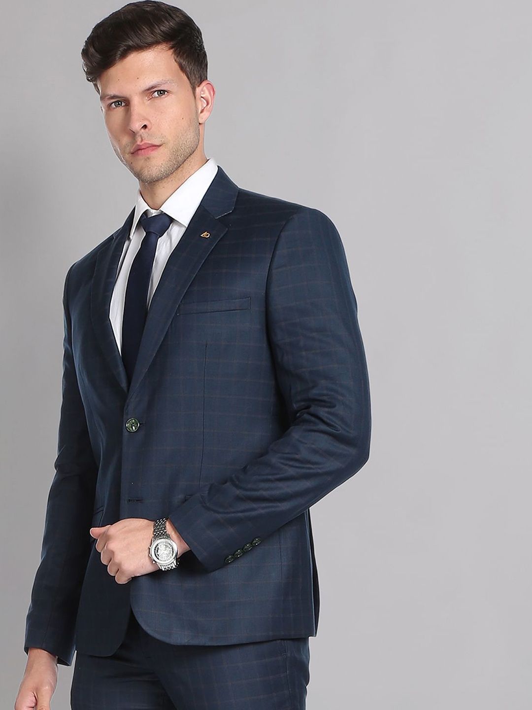 

AD By Arvind Men Checked Tailor-Fit Single-Breasted Two-Piece Formal Suit, Blue