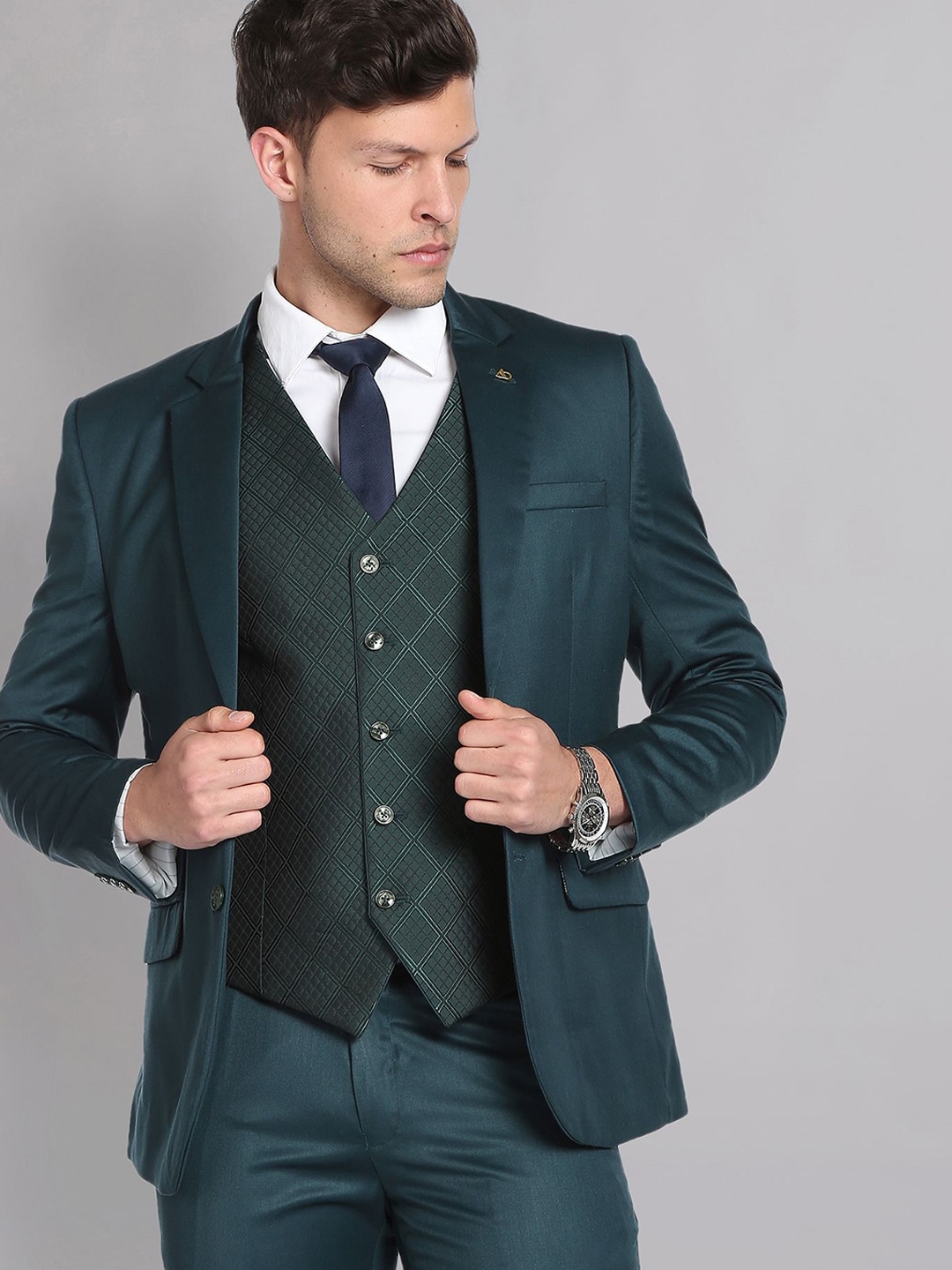 

AD By Arvind Tailored-Fit Single-Breasted Three Piece Formal Suit, Teal