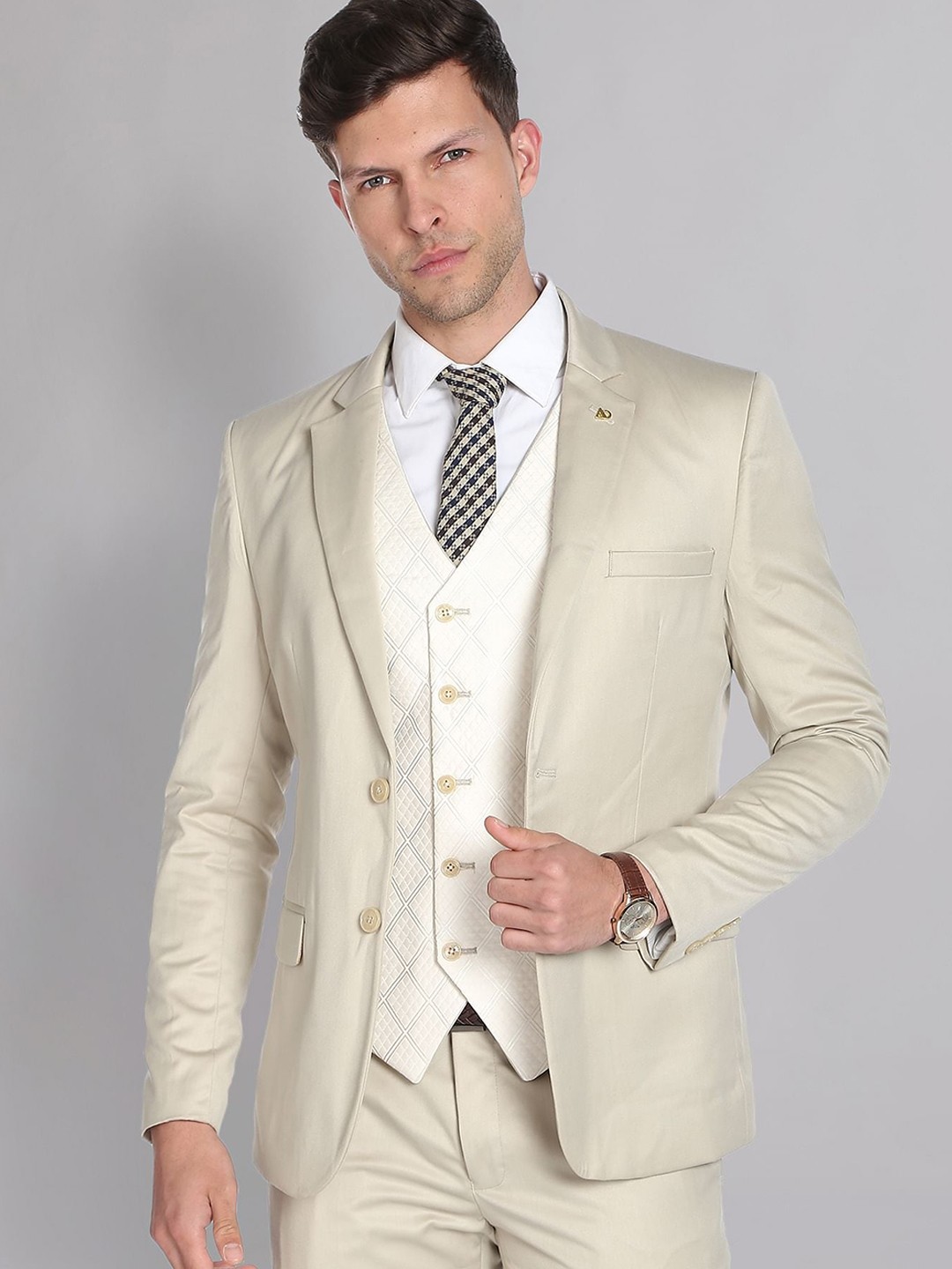 

AD By Arvind Men Single Breasted Three Piece Formal Suits, Beige