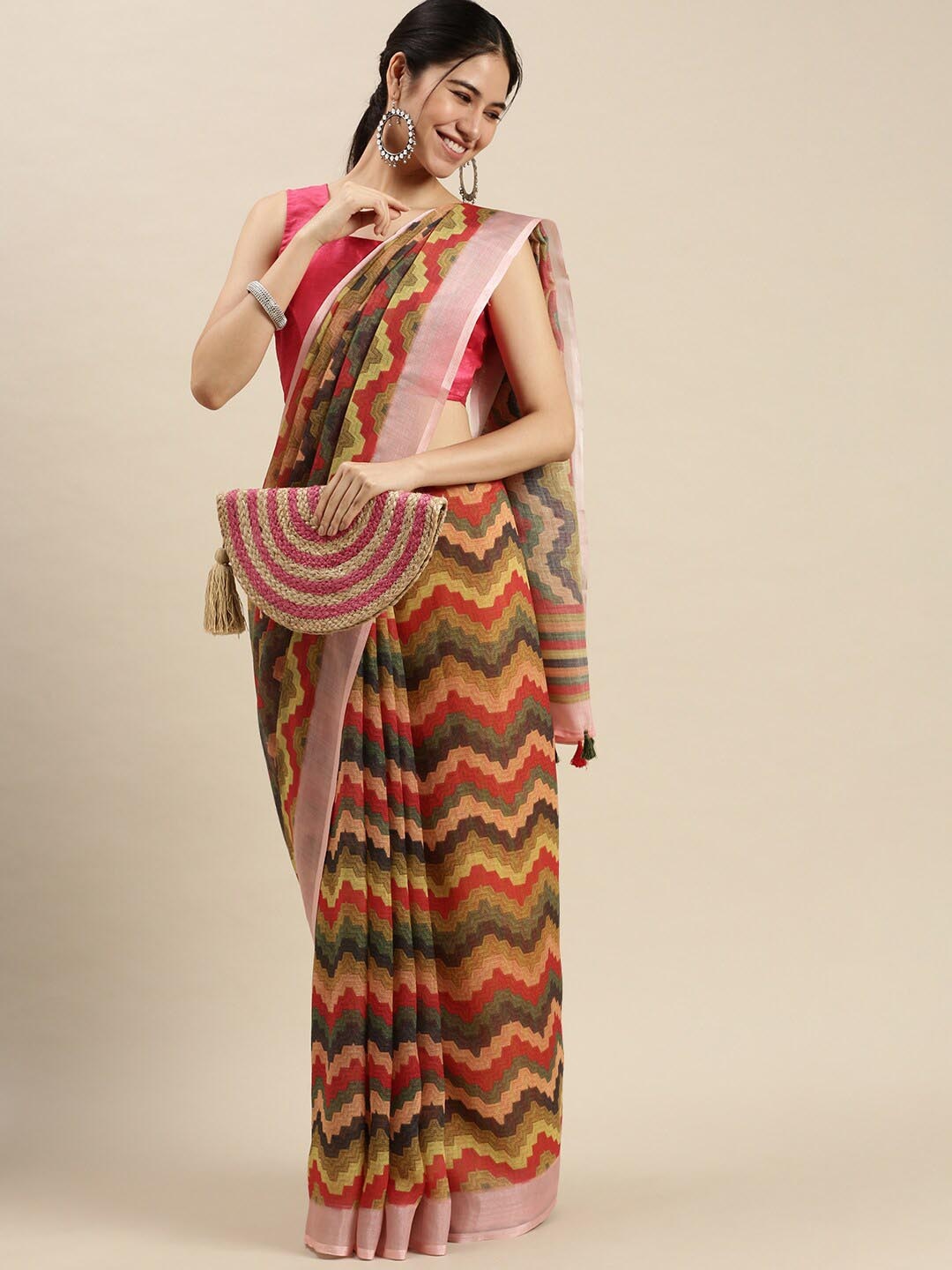 

Ethnic Threads Striped Pure Linen Saree With Tassel, Red