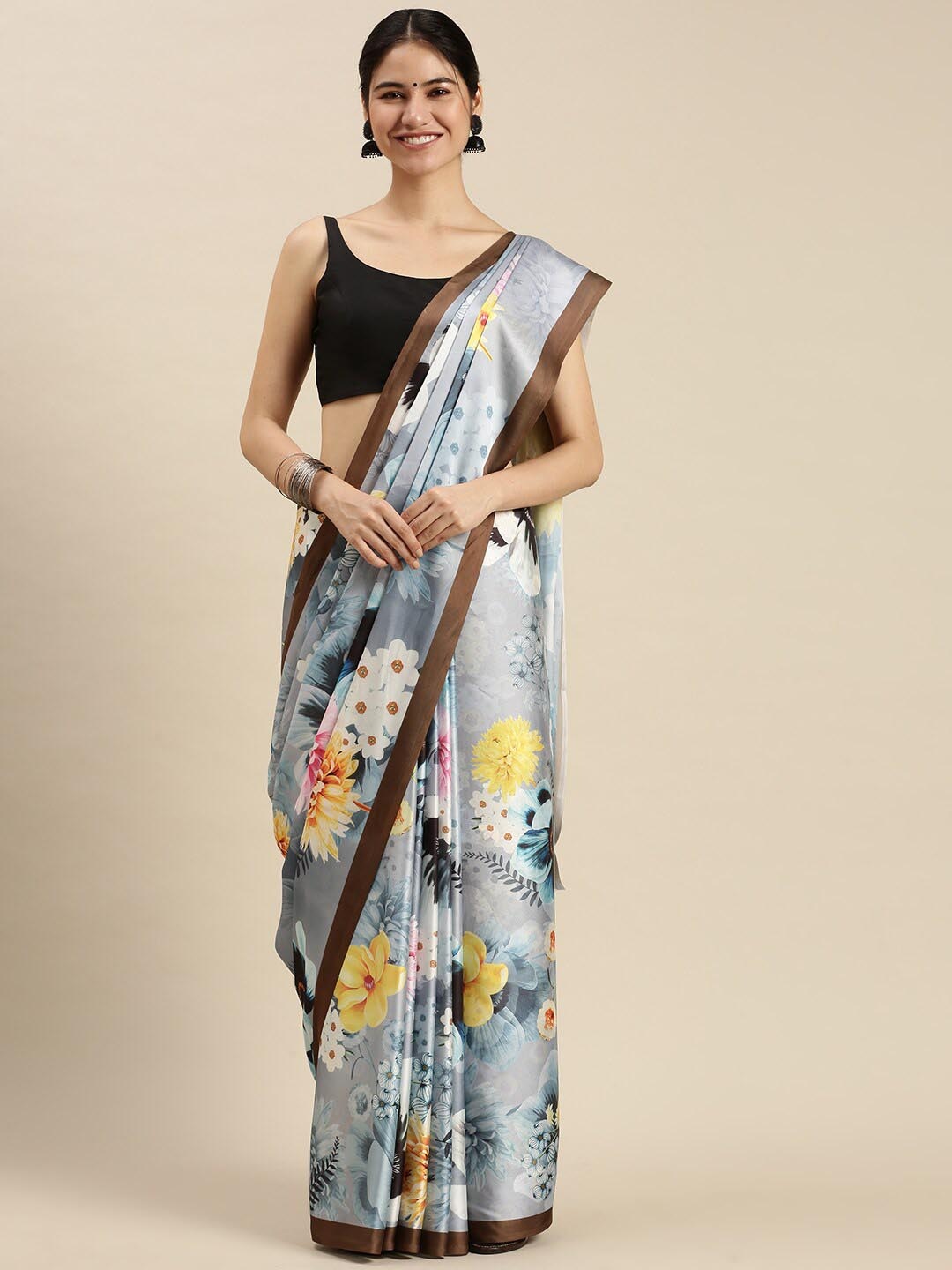 

Ethnic Threads Floral Printed Satin Saree, Grey