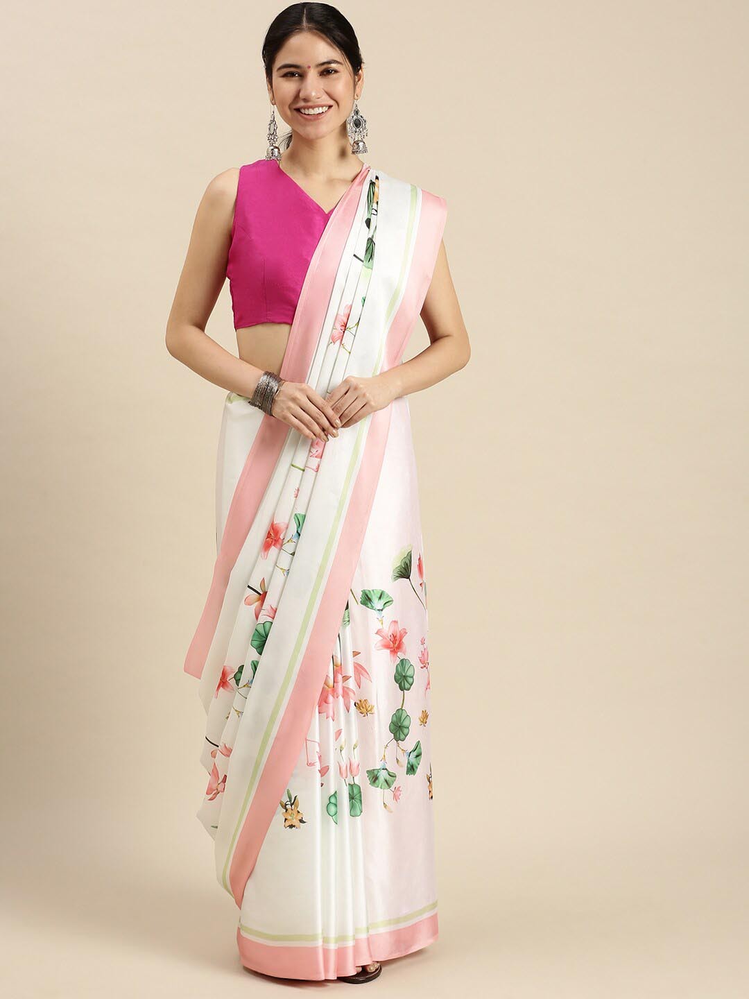 

Ethnic Threads Floral Printed Satin Saree, White