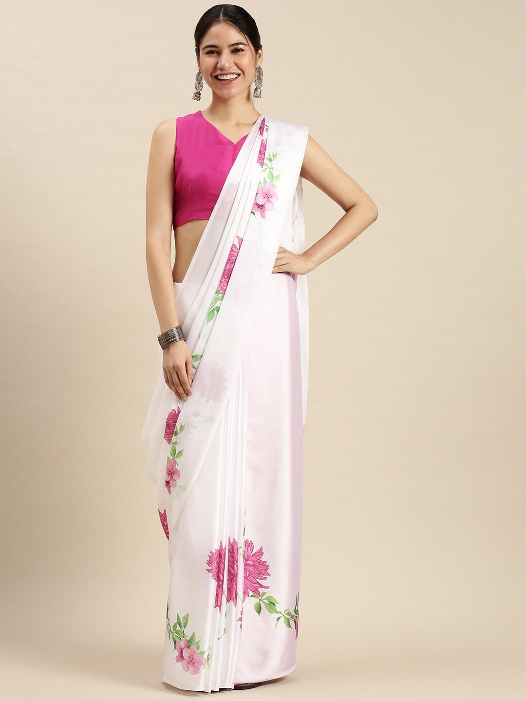 

Ethnic Threads Floral Printed Satin Saree, White
