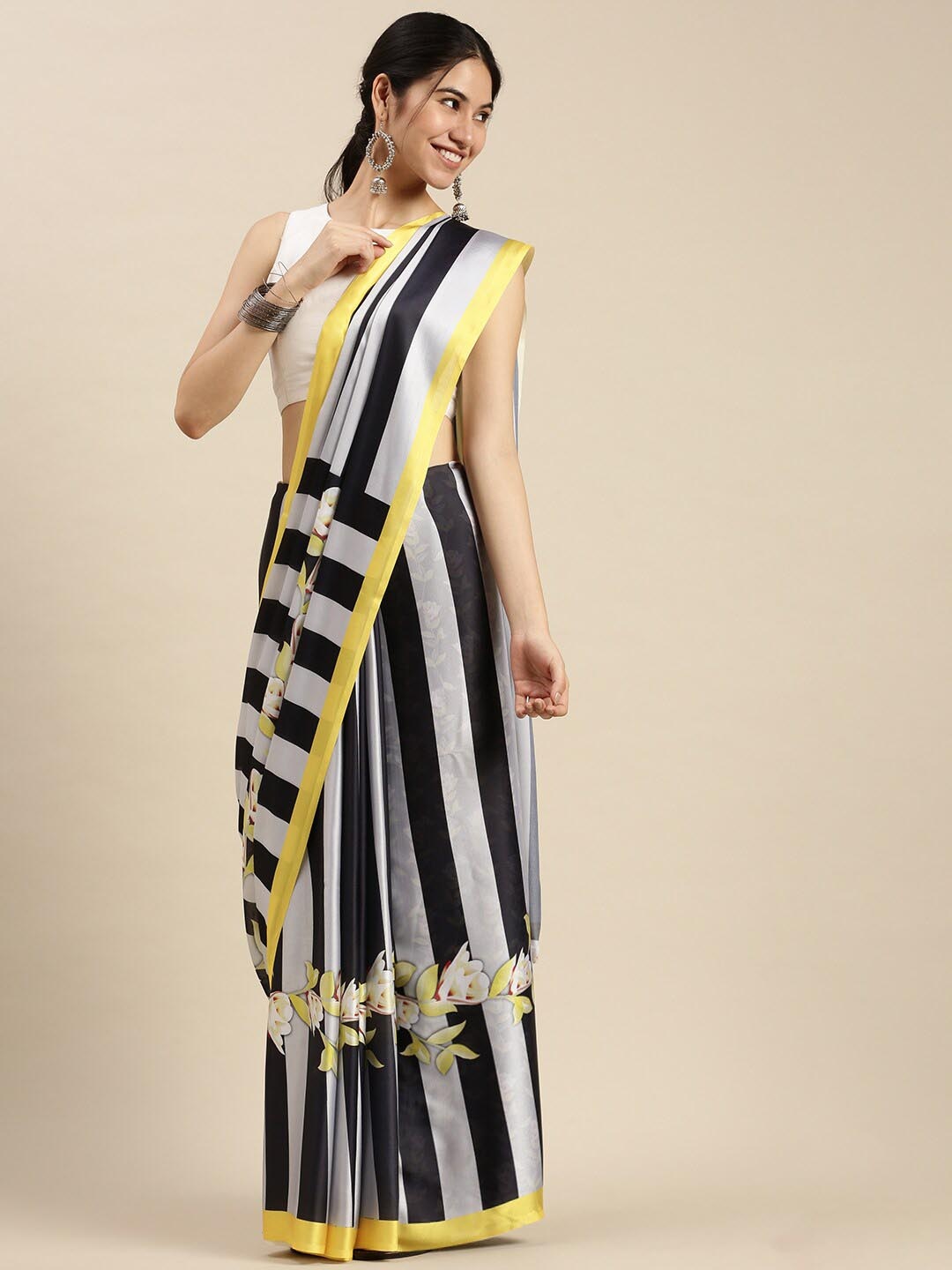 

Ethnic Threads Striped Satin Saree, Black