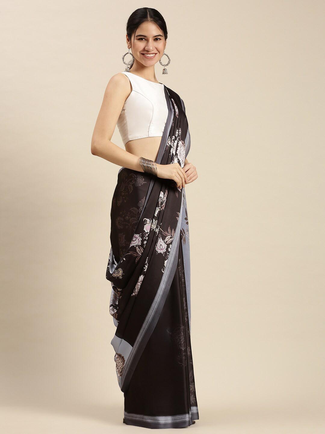 

Ethnic Threads Floral Printed Satin Saree, Black