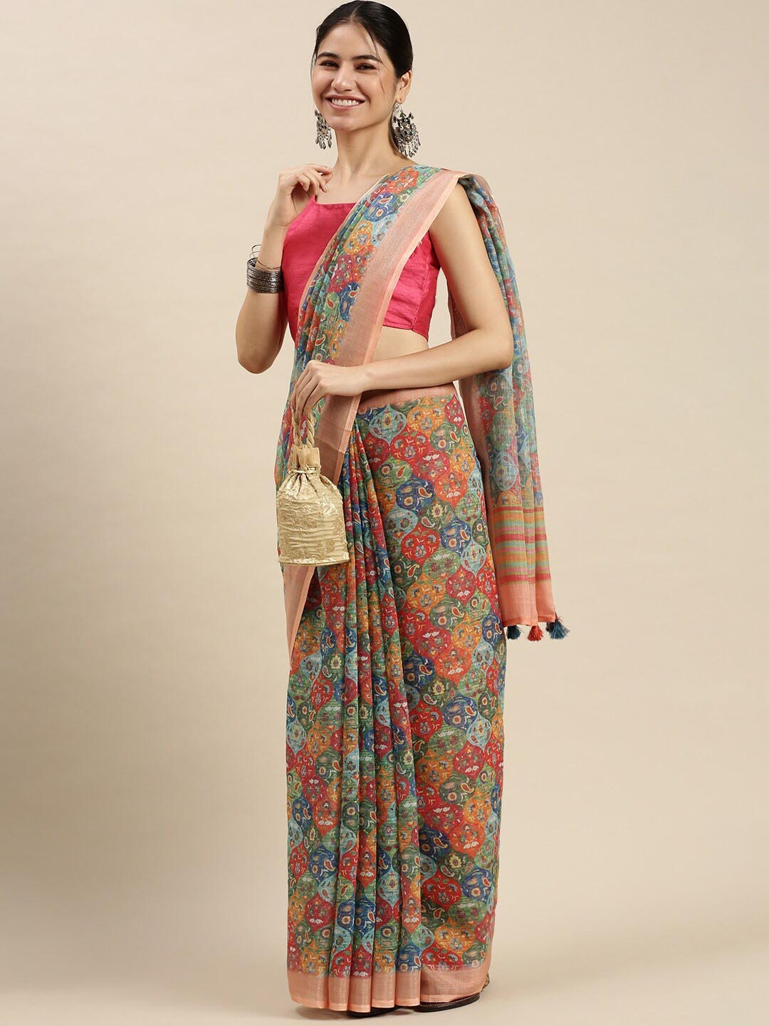 

Ethnic Threads Floral Pure Linen Saree With Tassel, Orange