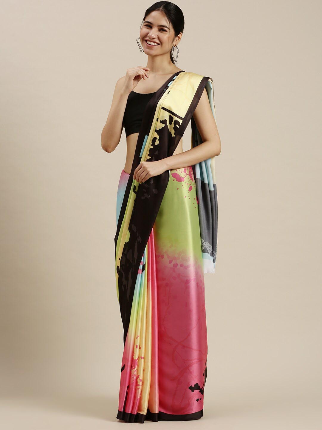 

Ethnic Threads Printed Satin Saree, Black
