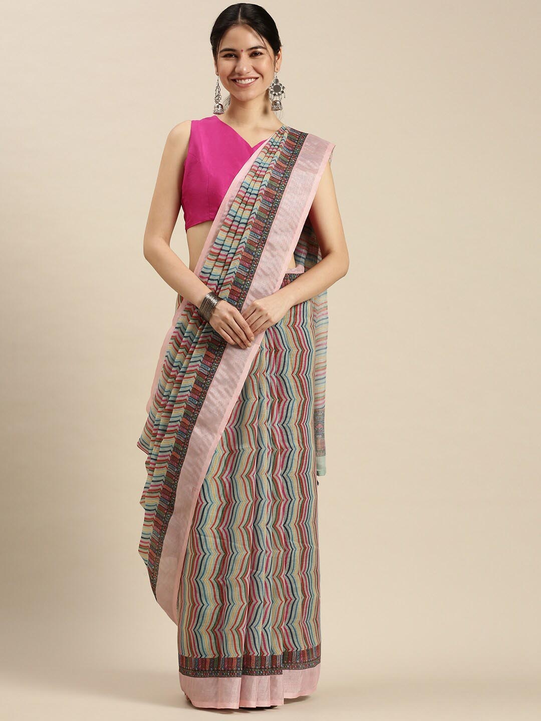

Ethnic Threads Chevron Printed Pure Linen Saree, Beige