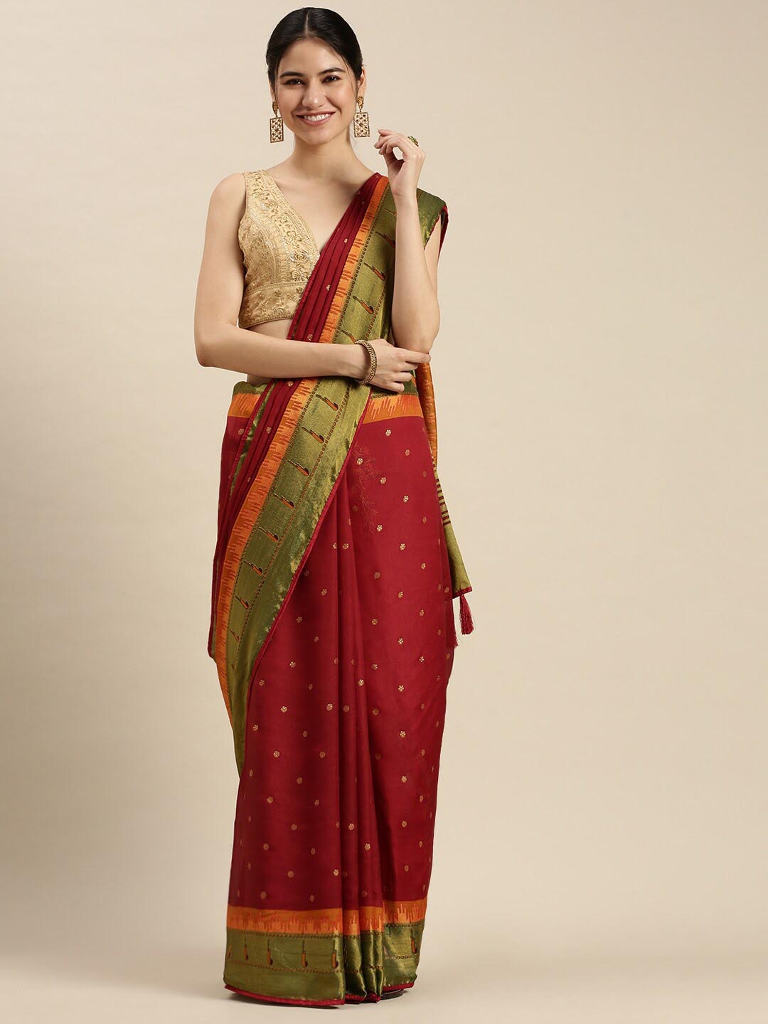 

Ethnic Threads Woven Design Zari Brasso Saree, Red