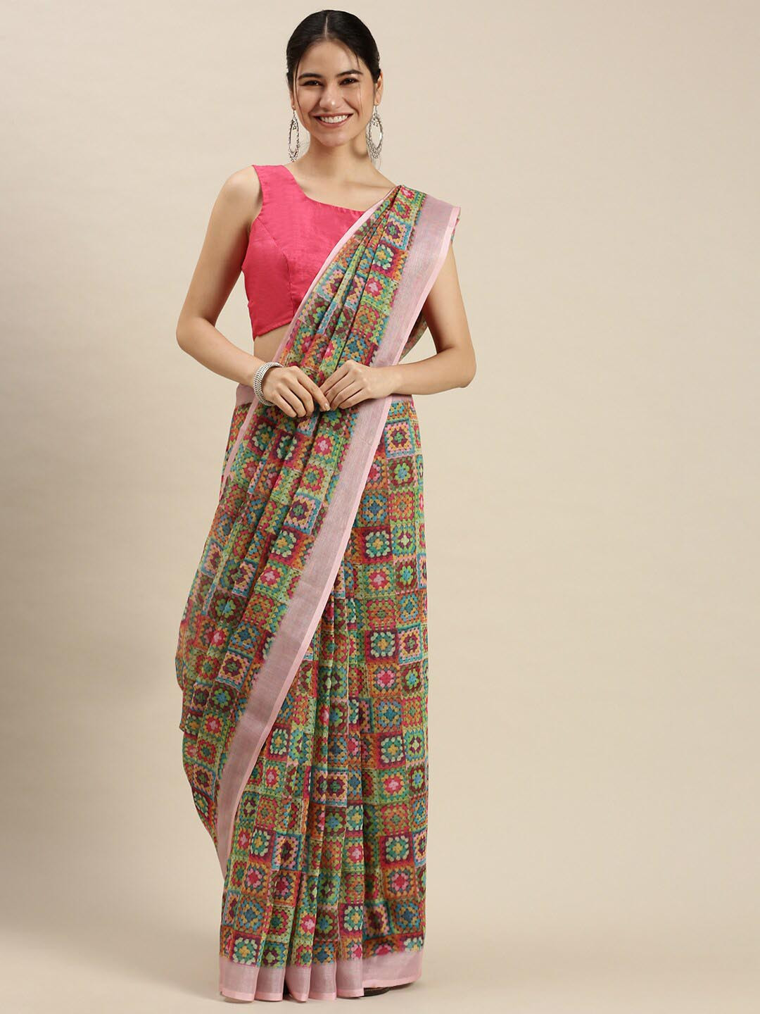 

Ethnic Threads Ethnic Motifs Printed Pure Linen Saree, Green