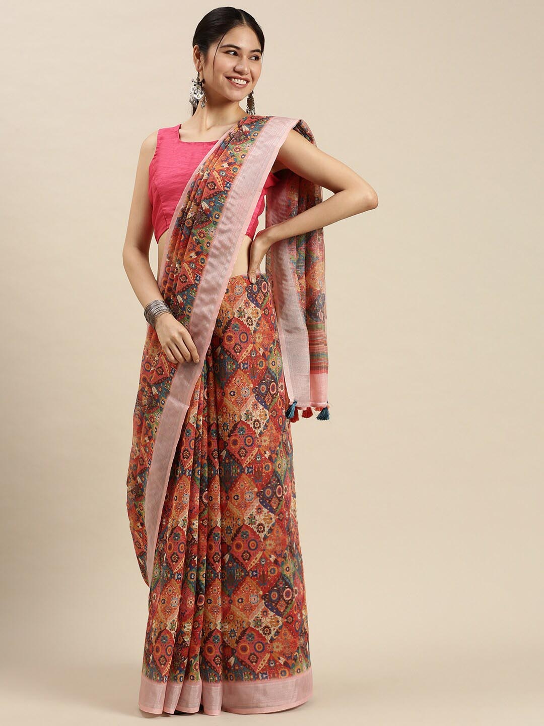

Ethnic Threads Floral Printed Pure Linen Saree, Peach