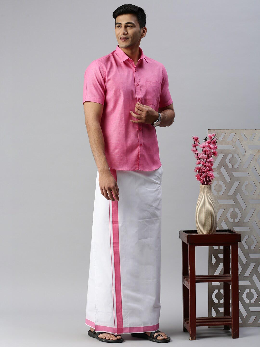 

Ramraj Men Solid Cotton Shirt With Adjustable Dhoti Set, Pink
