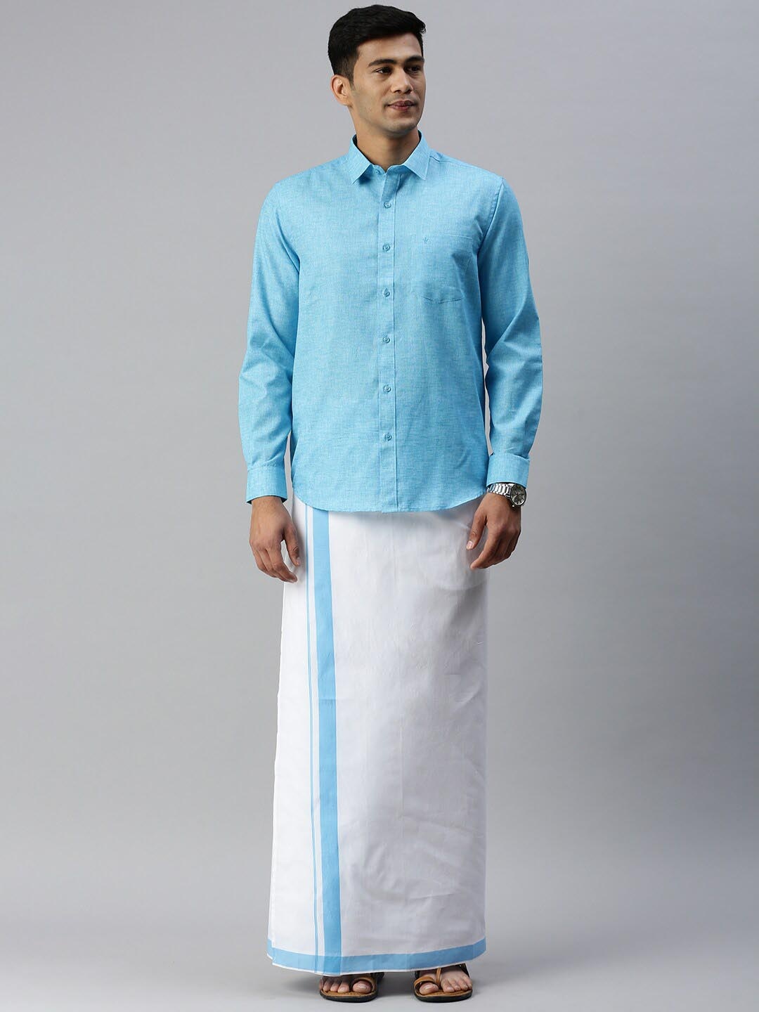 

Ramraj Men Solid Cotton Shirt With Adjustable Dhoti Set, Turquoise blue