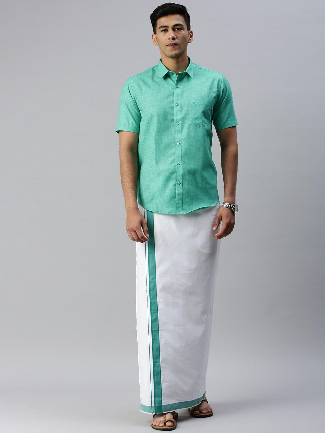 

Ramraj Men Solid Cotton Shirt with Adjustable Dhoti Set, Green