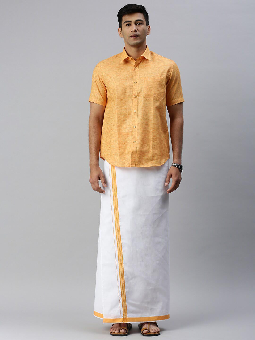 

Ramraj Men Cotton Ethnic Shirt With Veshti Set, Orange