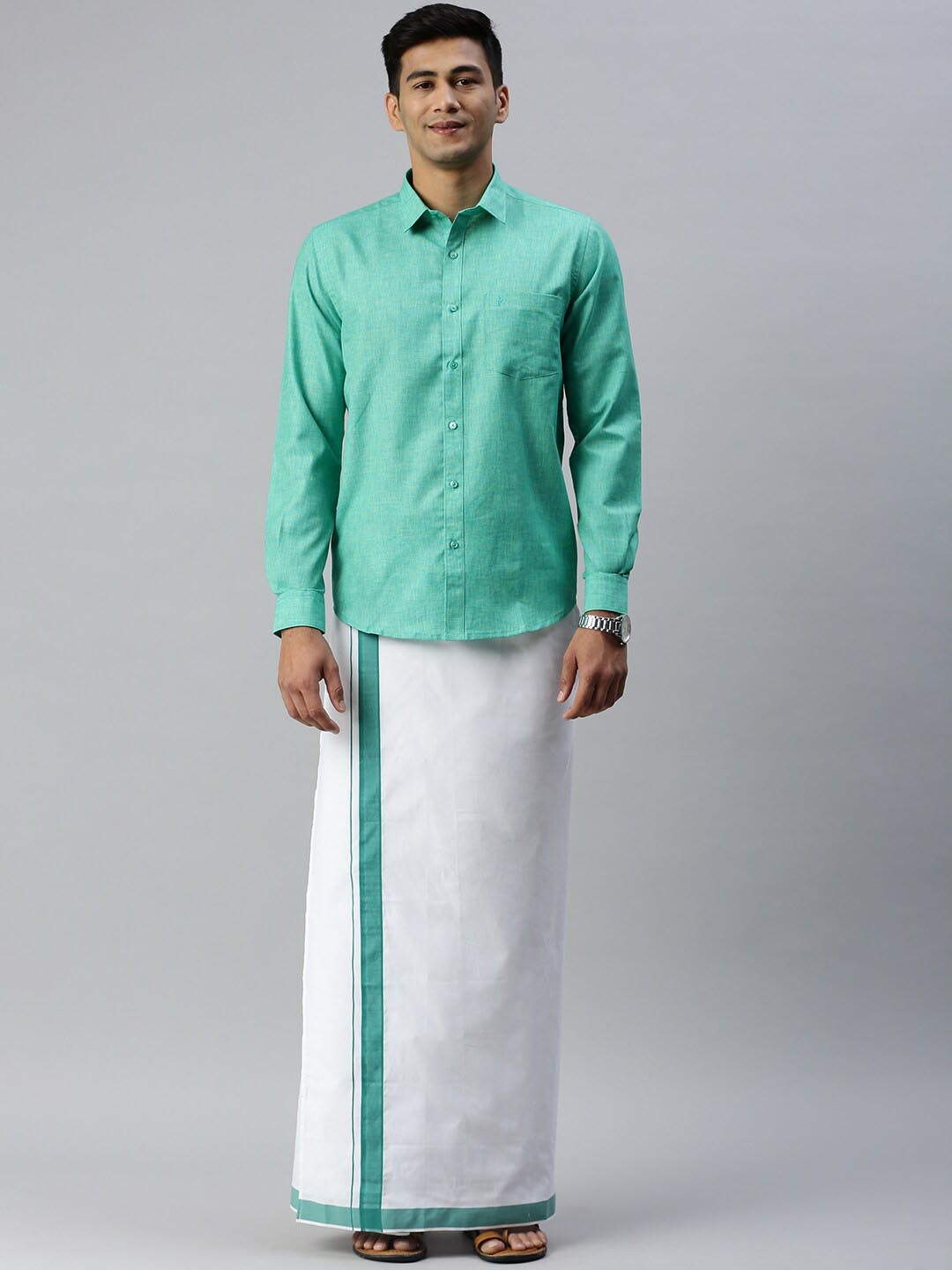 

Ramraj Men Solid Cotton Shirt With Adjustable Dhoti Set, Green