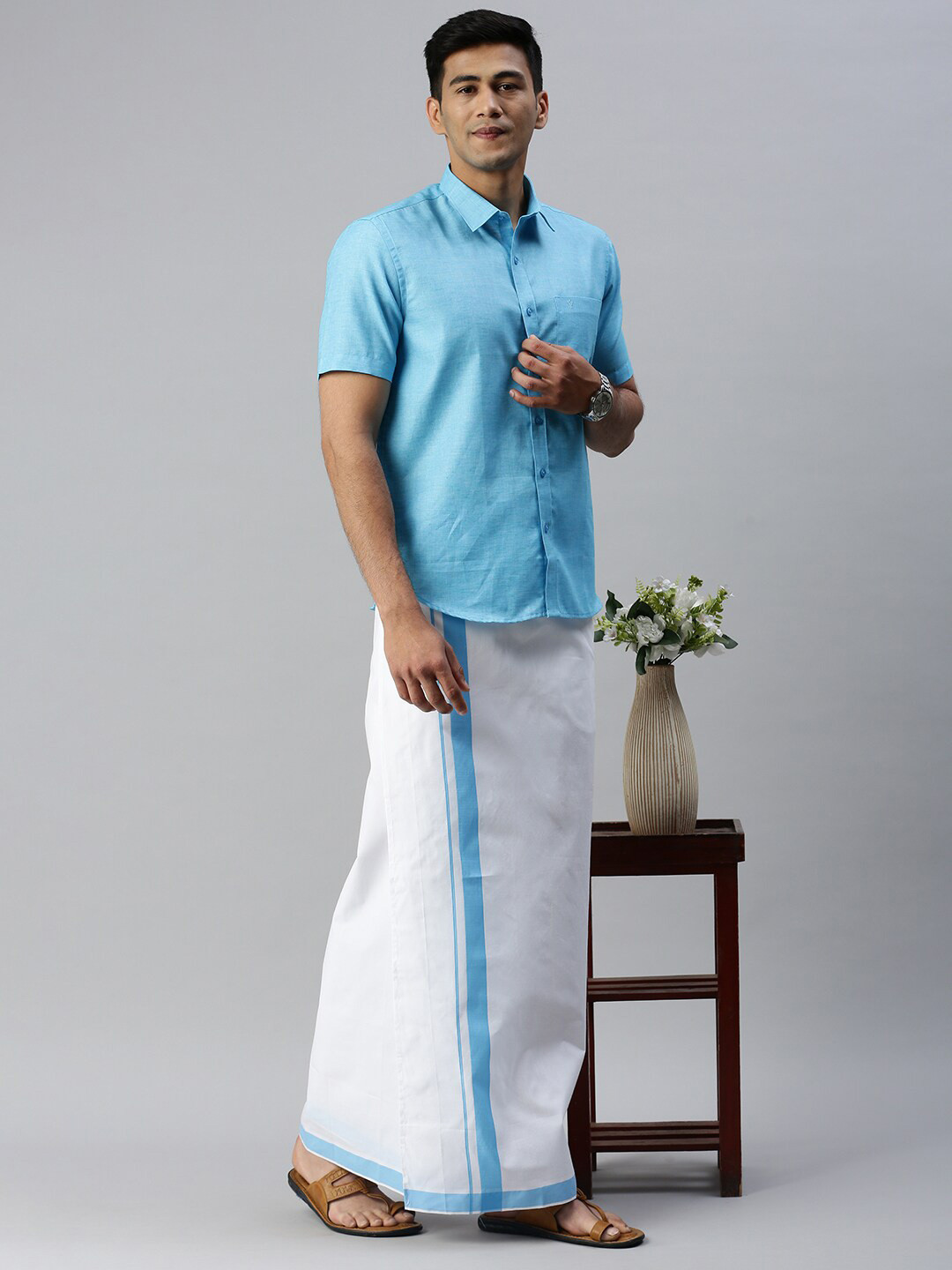 

Ramraj Men Solid Cotton Shirt with Adjustable Dhoti Set, Turquoise blue