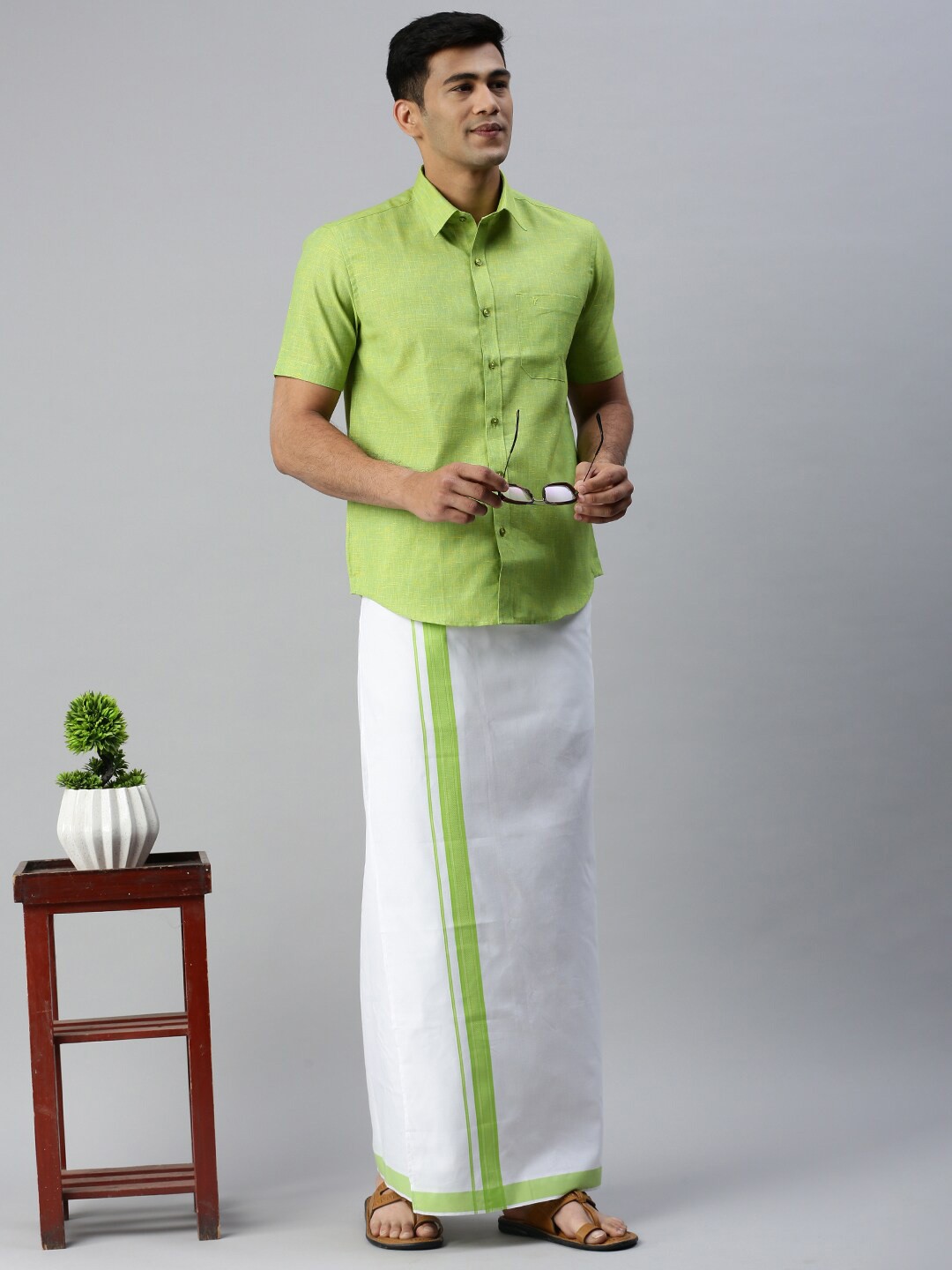 

Ramraj Men Solid Cotton Shirt with Adjustable Dhoti Set, Green