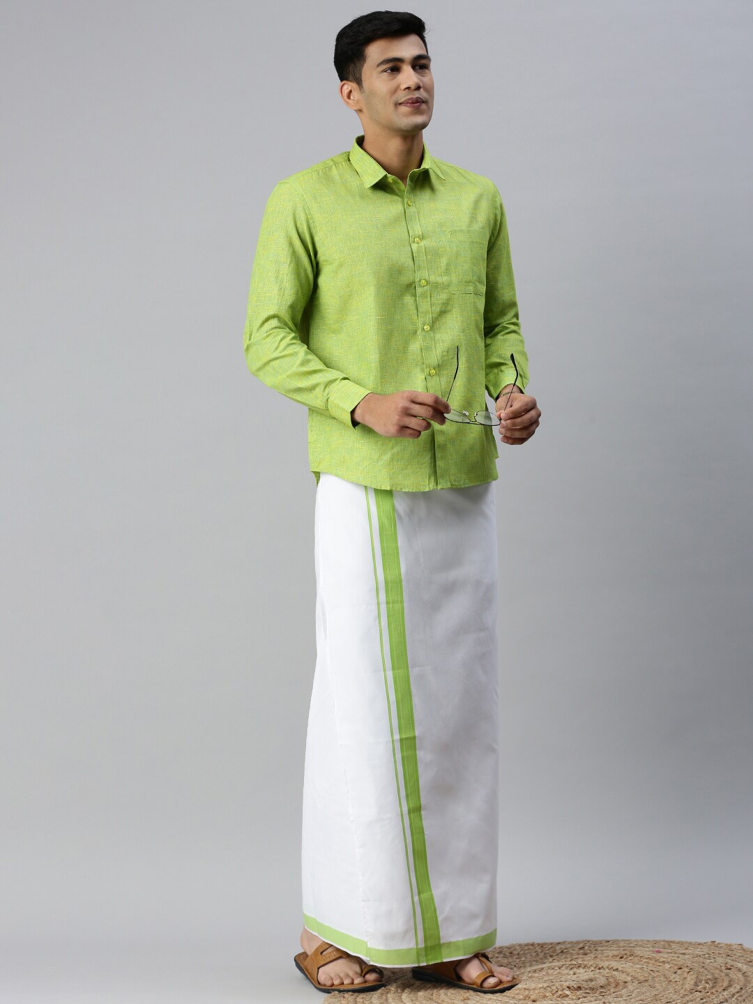 

Ramraj Men Solid Cotton Shirt With Adjustable Dhoti Set, Green