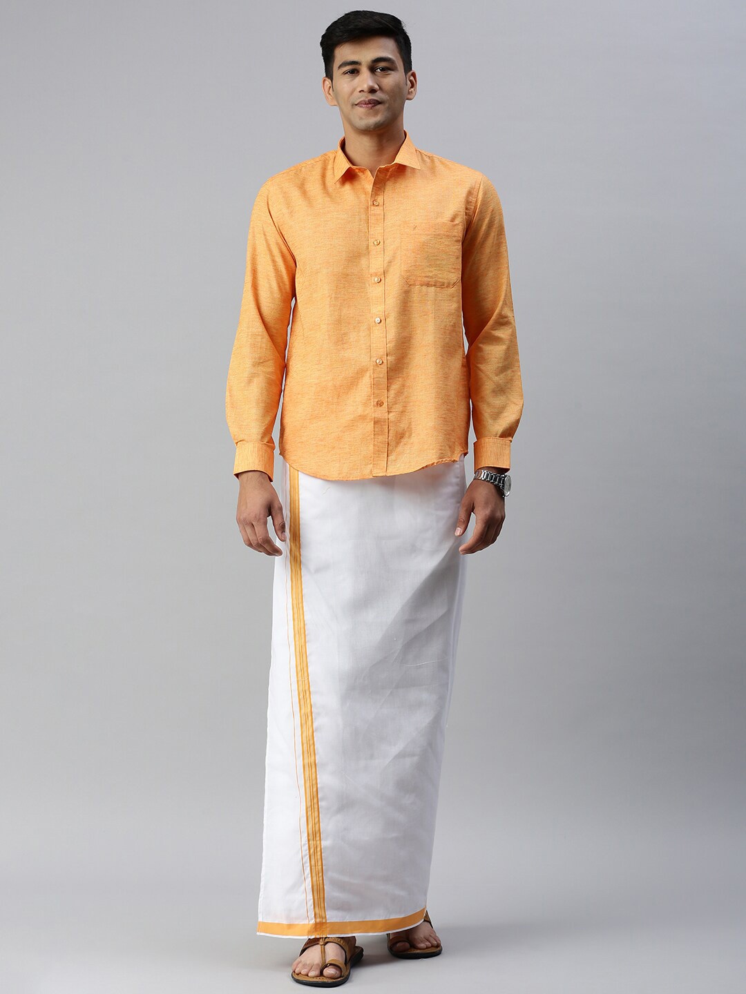 

Ramraj Men Cotton Ethnic Shirt With Veshti Set, Orange