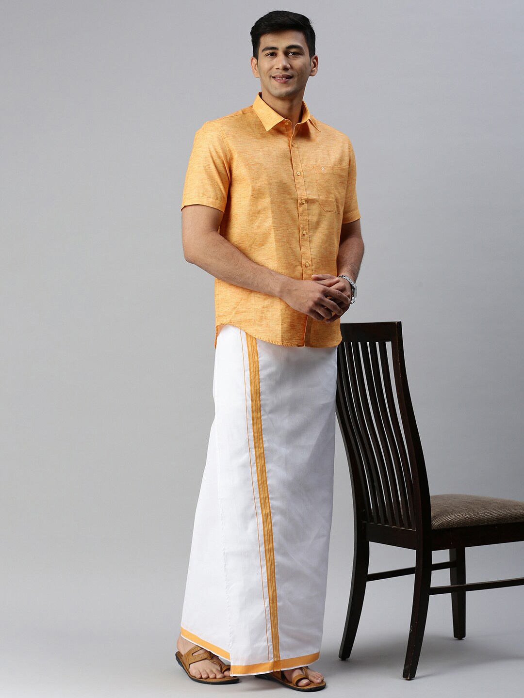 

Ramraj Men Solid Cotton Shirt with Adjustable Dhoti Set, Orange