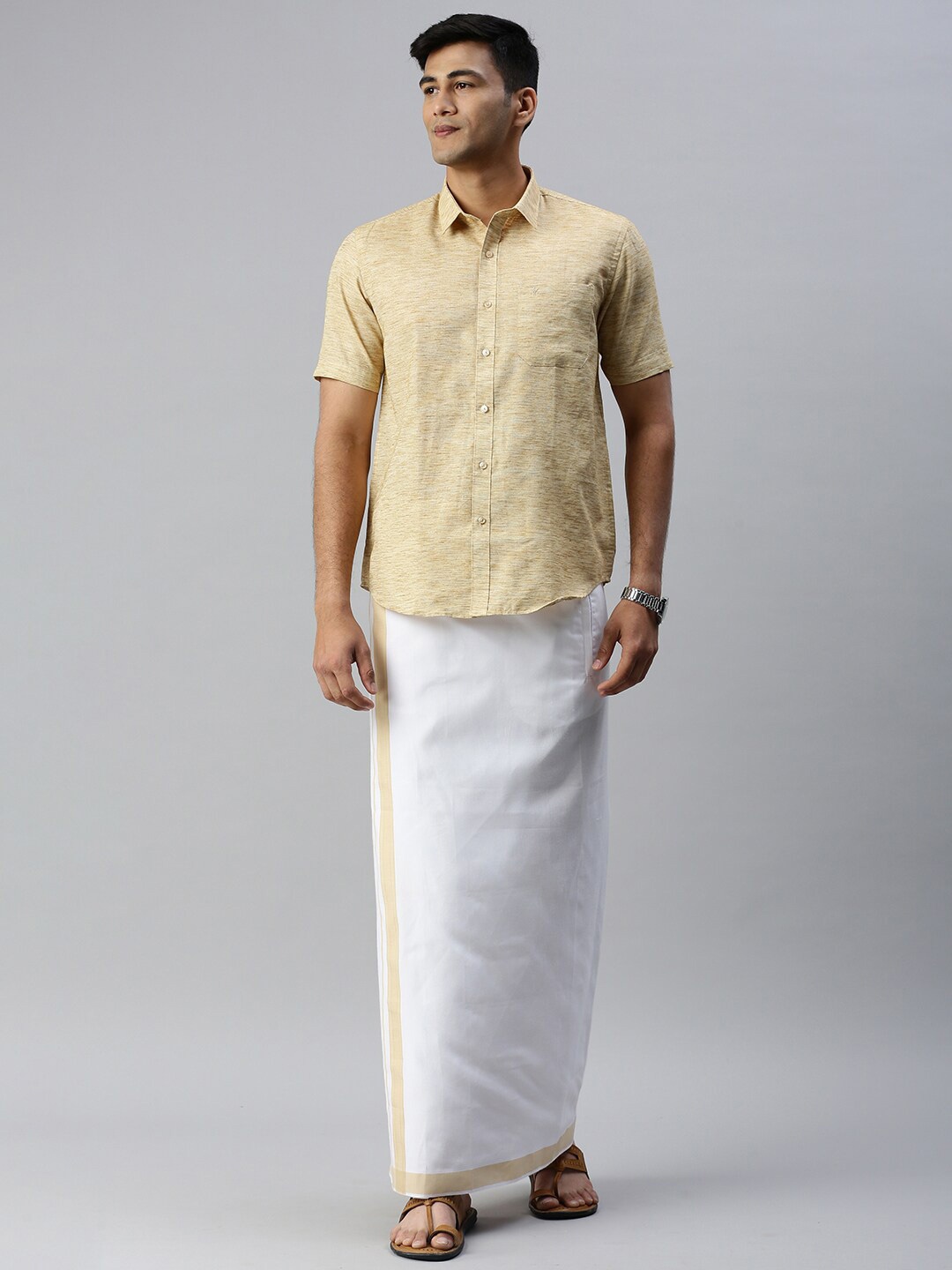 

Ramraj Men Pure Cotton Shirt With Veshti Set, Mustard