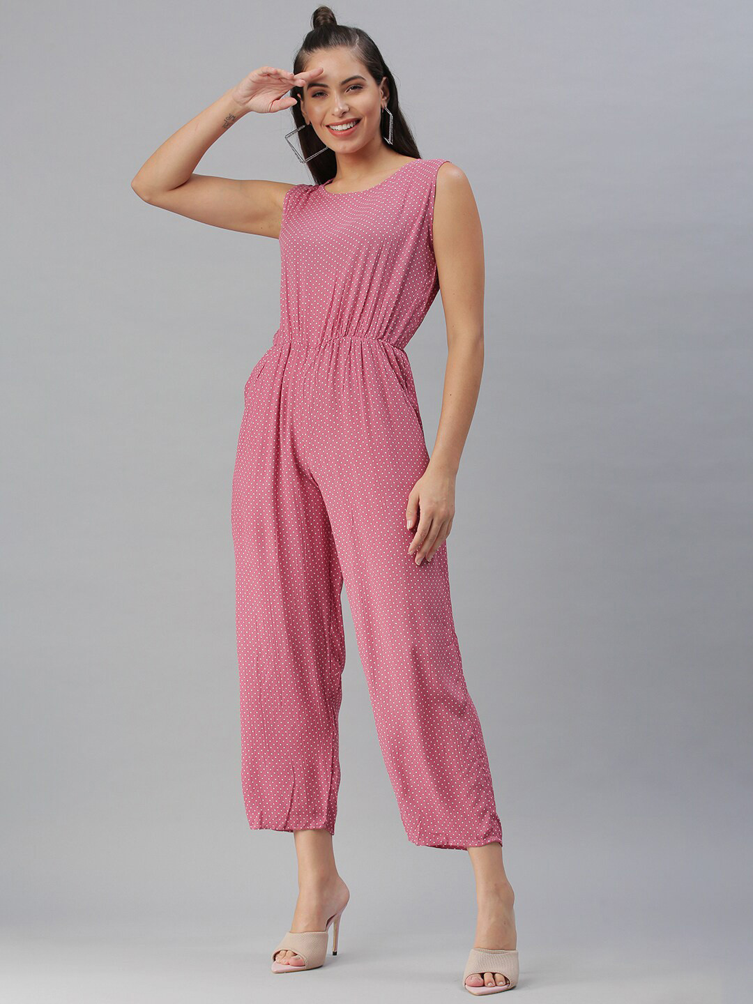 

SHOWOFF Women Printed Round Neck Cotton Basic Jumpsuit, Mauve