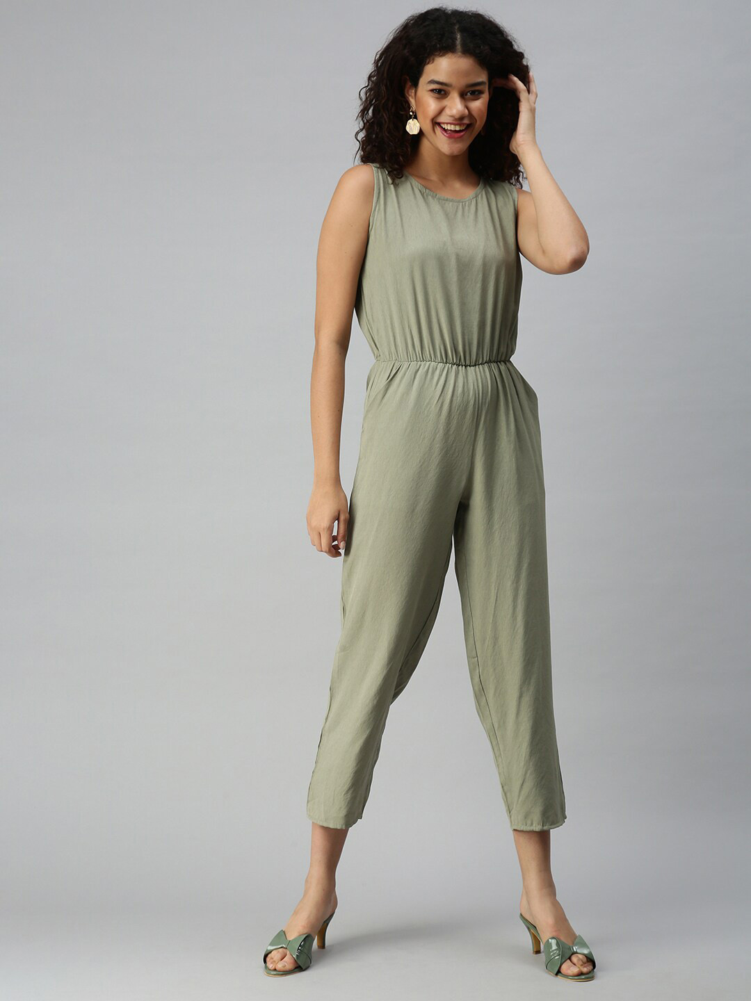 

SHOWOFF Women Round Cotton Basic Jumpsuit, Olive