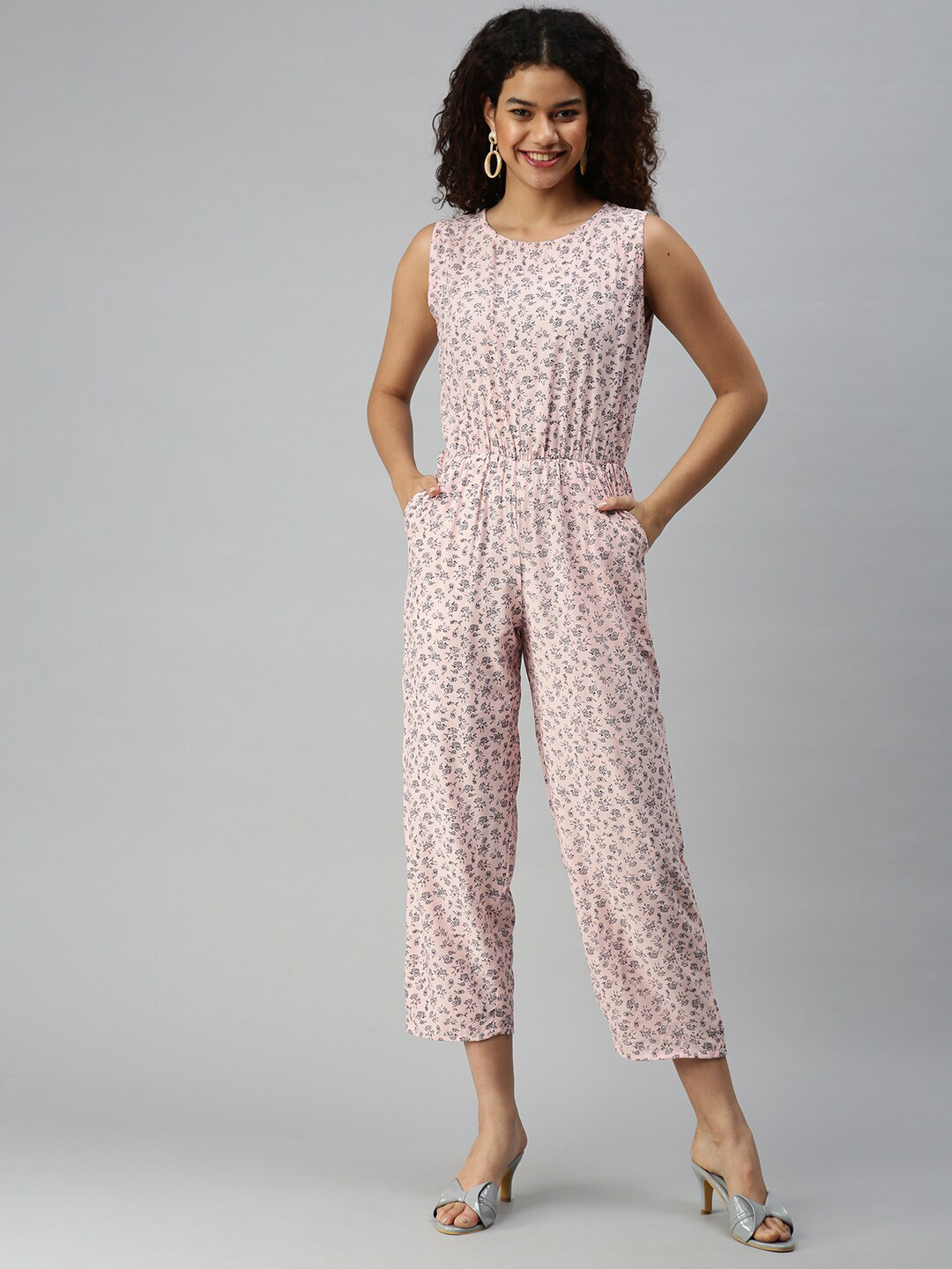 

SHOWOFF Women Printed Round Neck Cotton Basic Jumpsuit, Pink