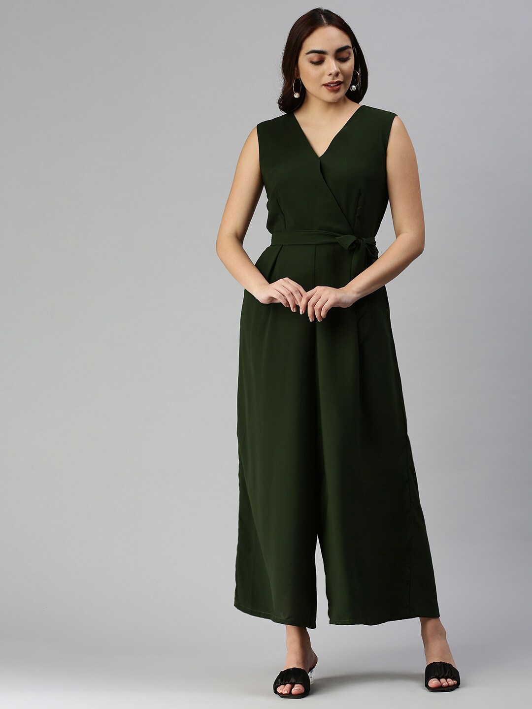 

SHOWOFF V-Neck Sleeveless Waist Tie-Ups Basic Jumpsuit, Olive