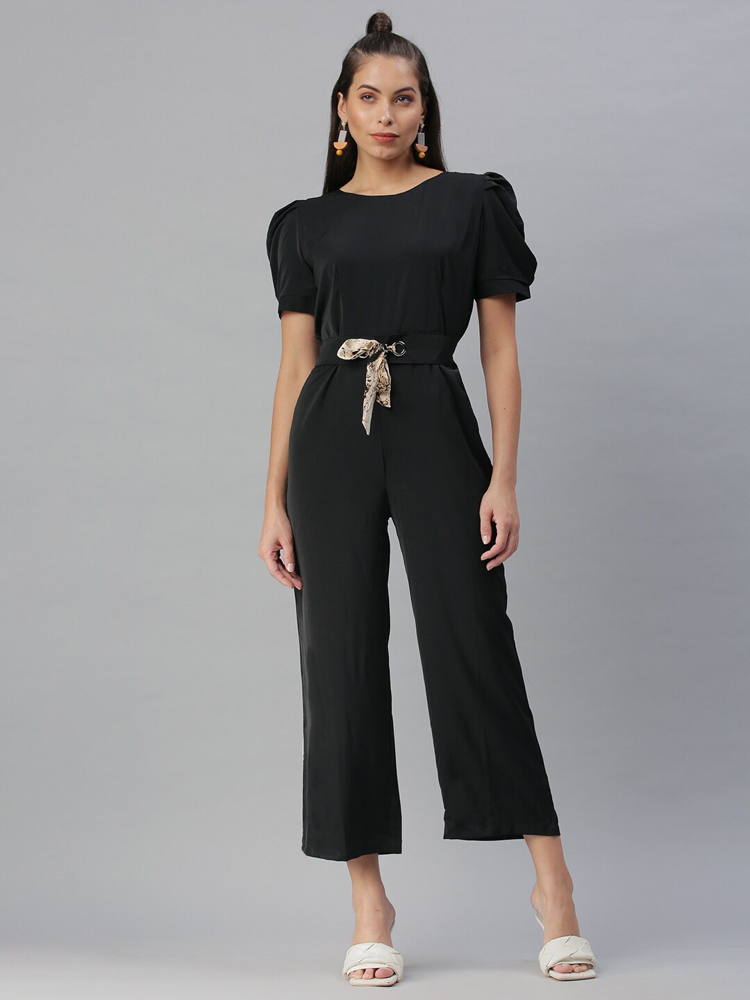 

SHOWOFF Women Round Neck Basic Jumpsuit With Waist Tie-Ups, Black