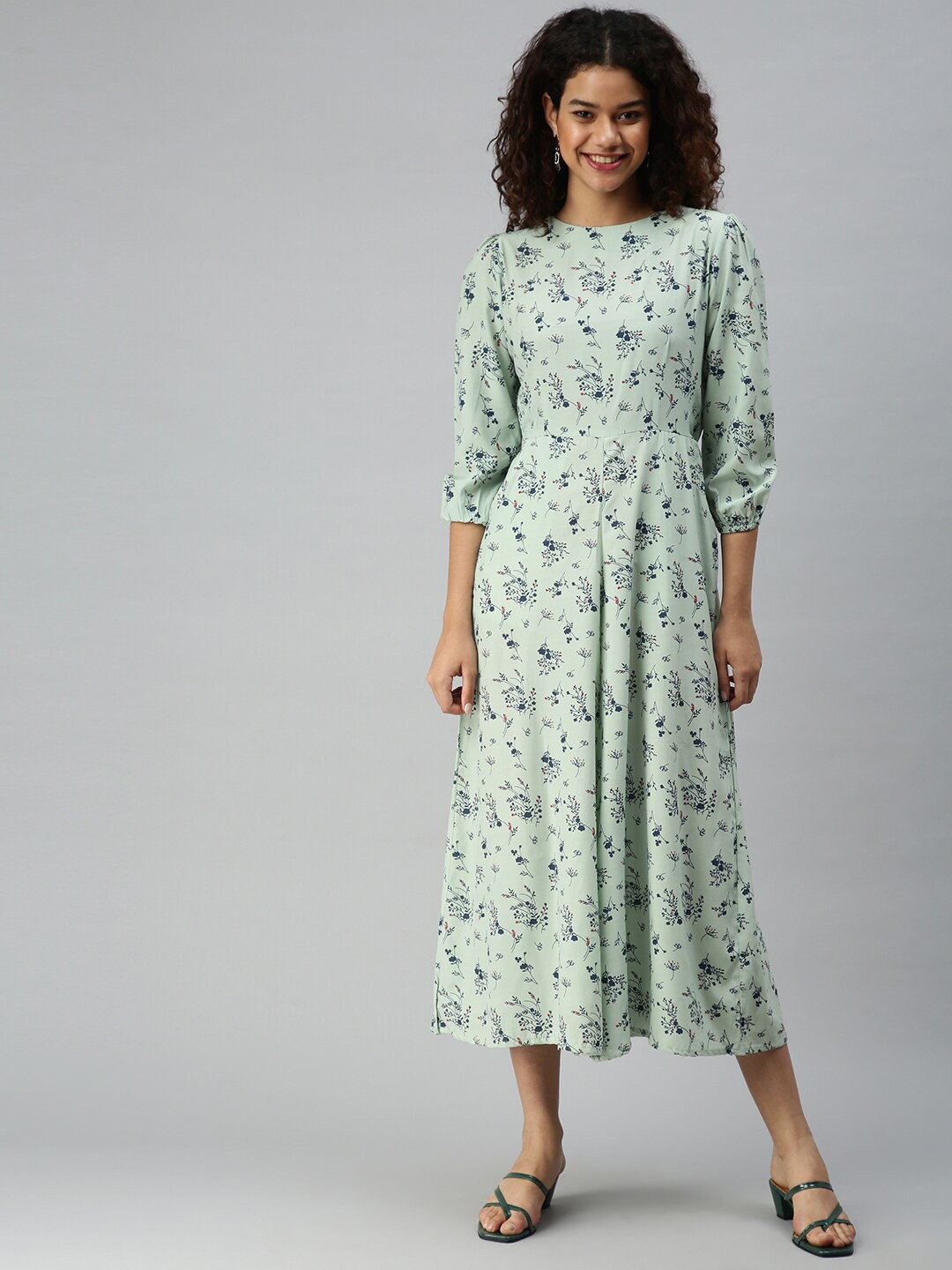 

SHOWOFF Printed Round Neck Puff Sleeves Culotte Jumpsuit, Green