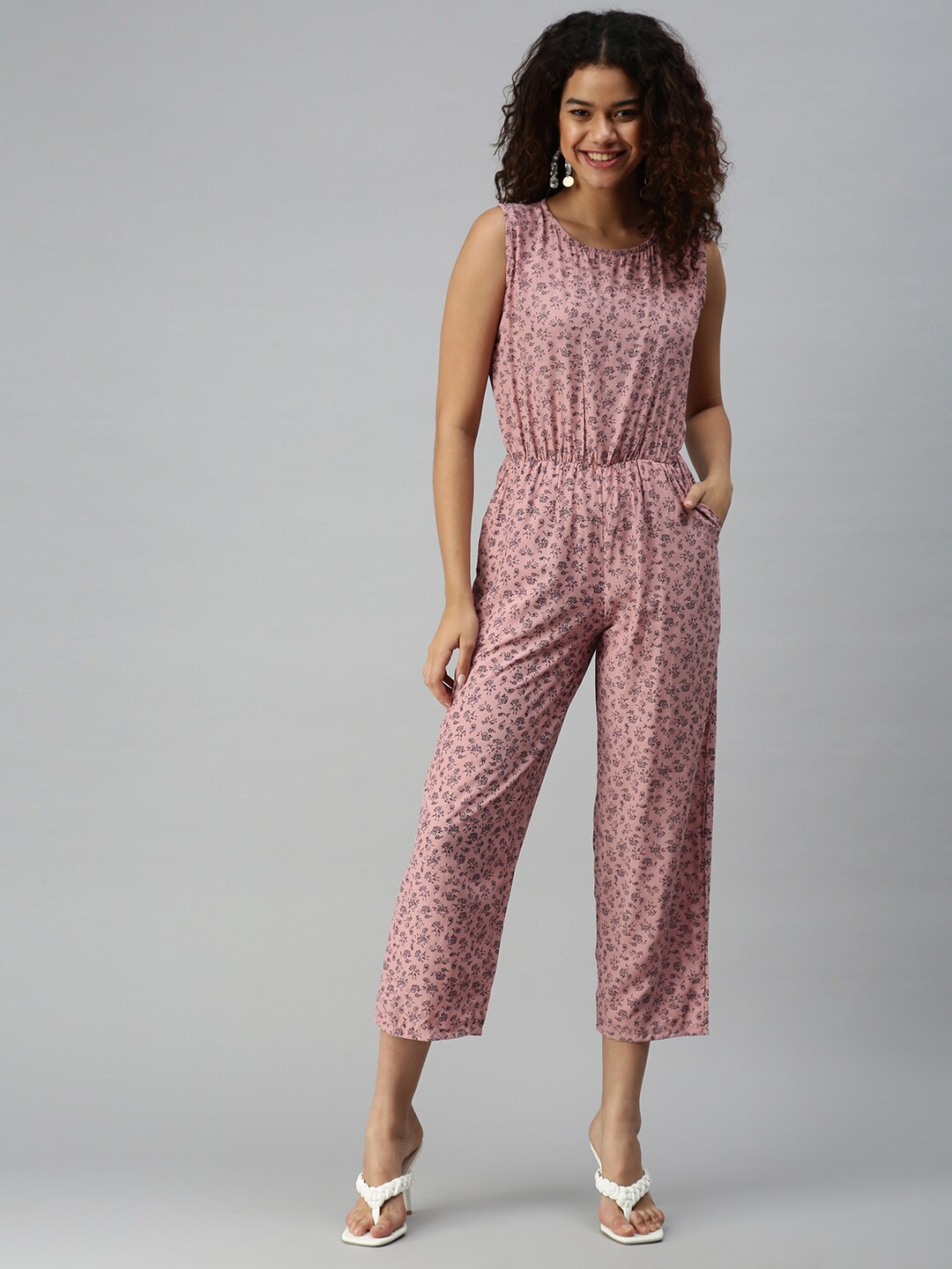 

SHOWOFF Women Printed Round Neck Basic Jumpsuit, Mauve