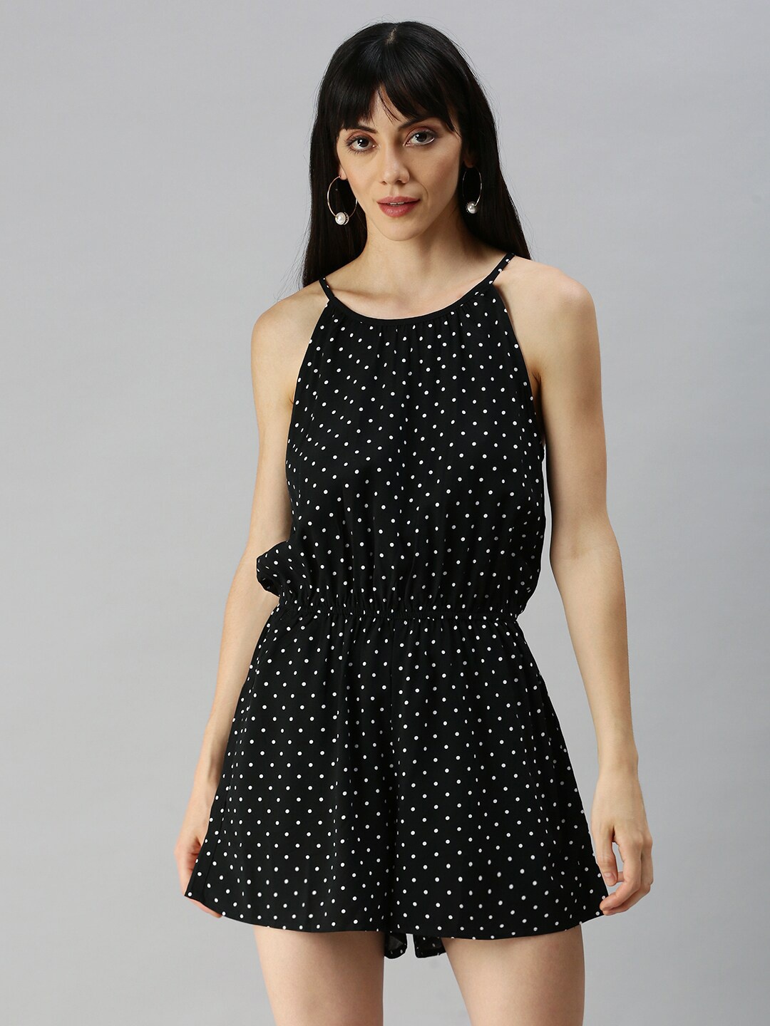 

SHOWOFF Printed Cotton Shoulder Straps Gathers Playsuit, Black