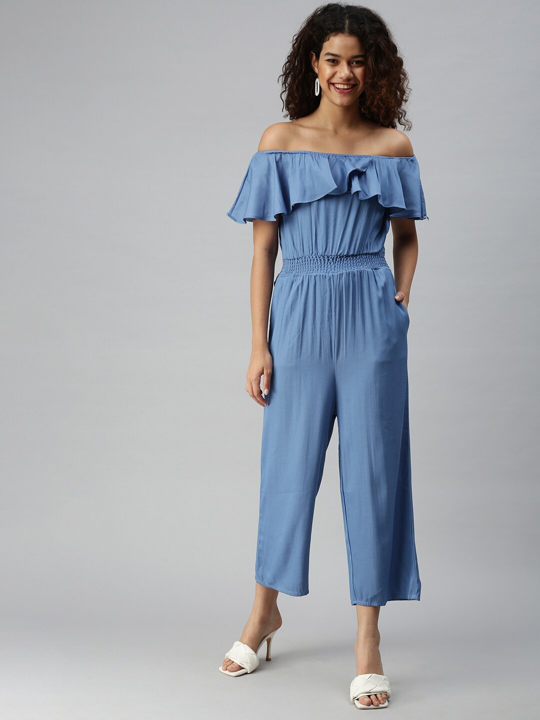 

SHOWOFF Women Off-Shoulder Cotton Basic Jumpsuit, Blue