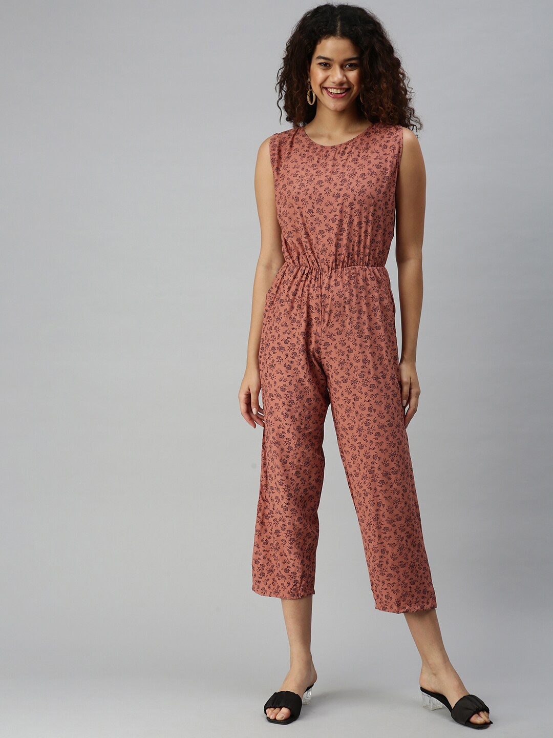 

SHOWOFF Printed Sleeveless Gathers Basic Jumpsuit, Camel brown