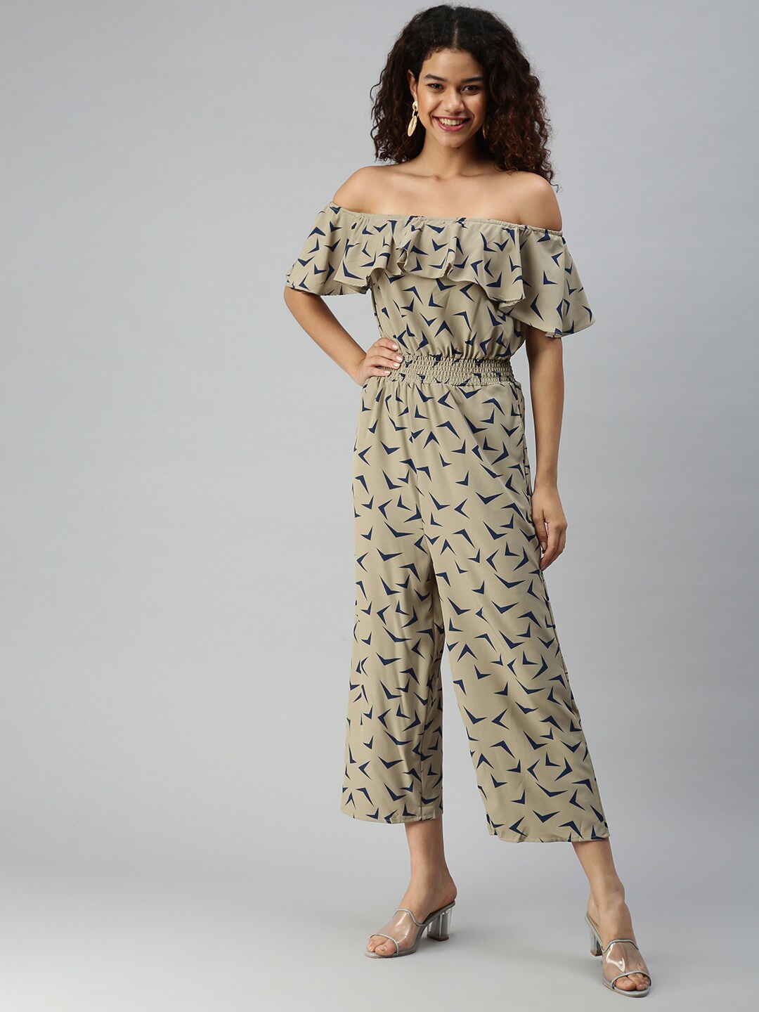 

SHOWOFF Women Off-Shoulder Printed Basic Jumpsuit, Taupe